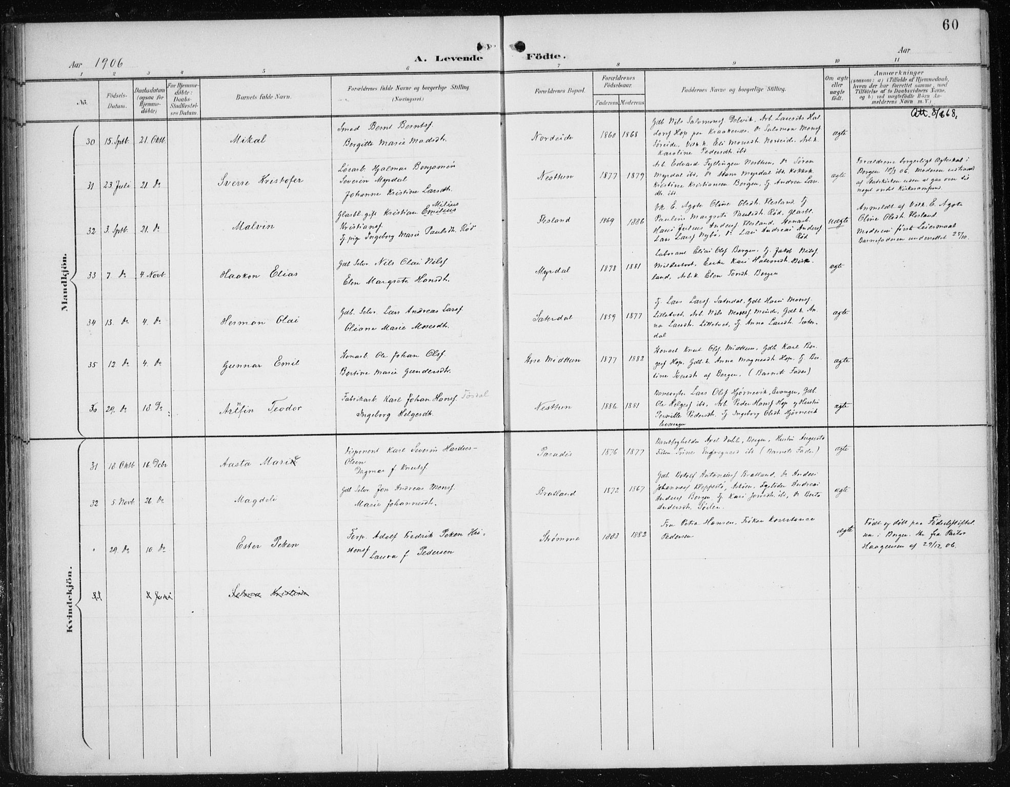 Fana Sokneprestembete, AV/SAB-A-75101/H/Haa/Haai/L0003: Ministerialbok nr. I 3, 1900-1912, s. 60