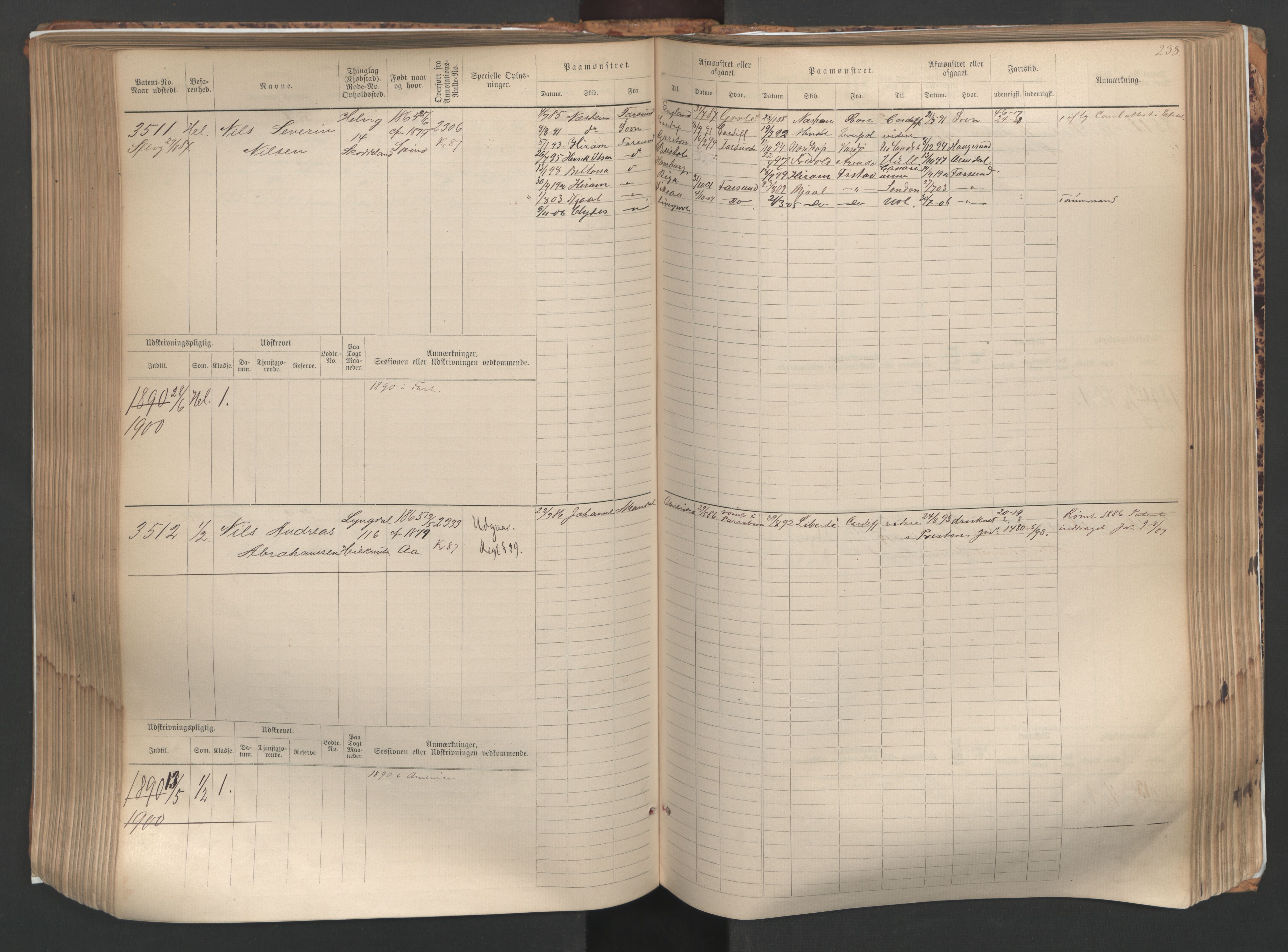 Farsund mønstringskrets, AV/SAK-2031-0017/F/Fb/L0005: Hovedrulle nr 3041-3804, M-8, 1883-1930, s. 241