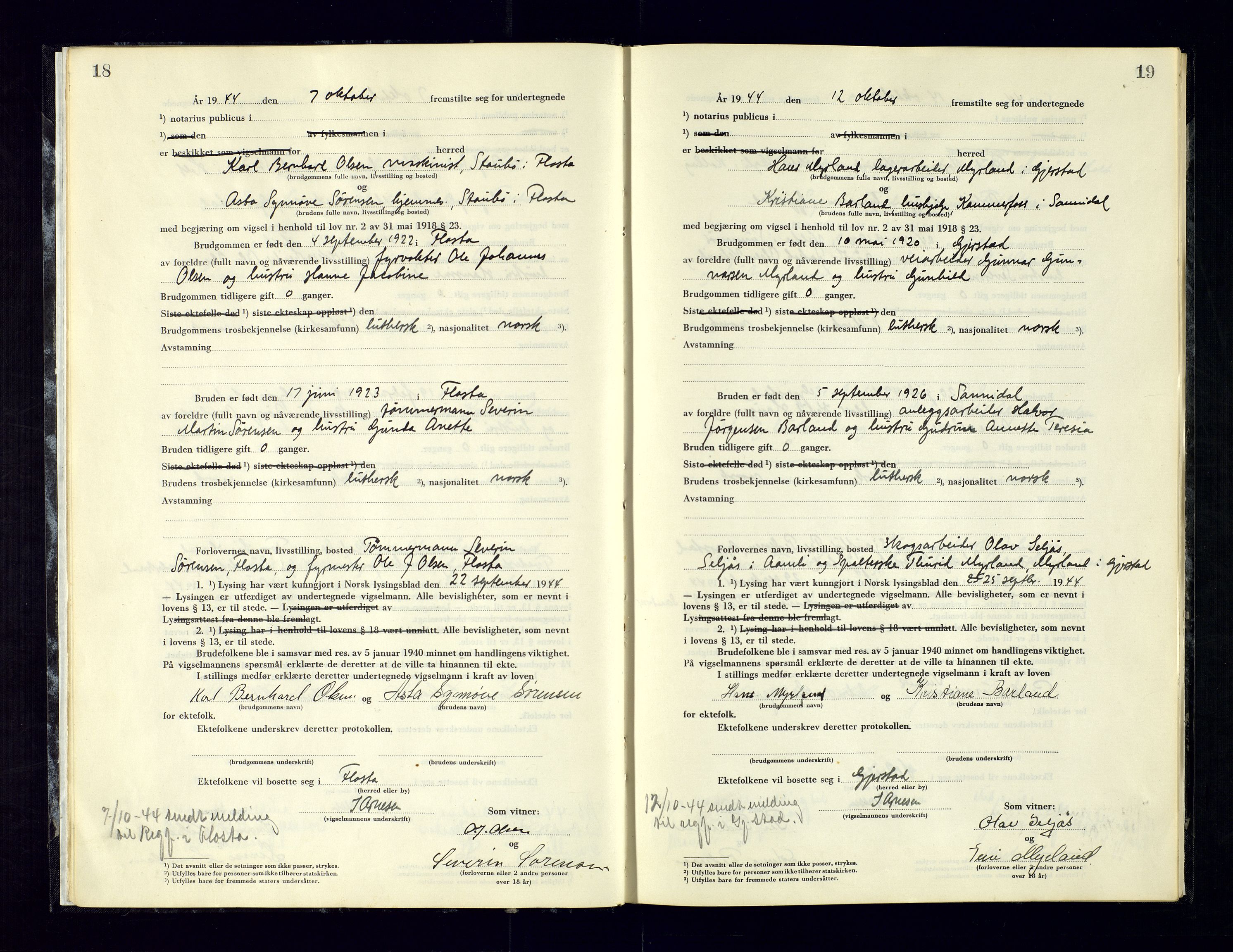 Holt sorenskriveri, AV/SAK-1221-0002/L/Ld/L0003: Vigselbok nr. 2, 1944-1964, s. 18-19