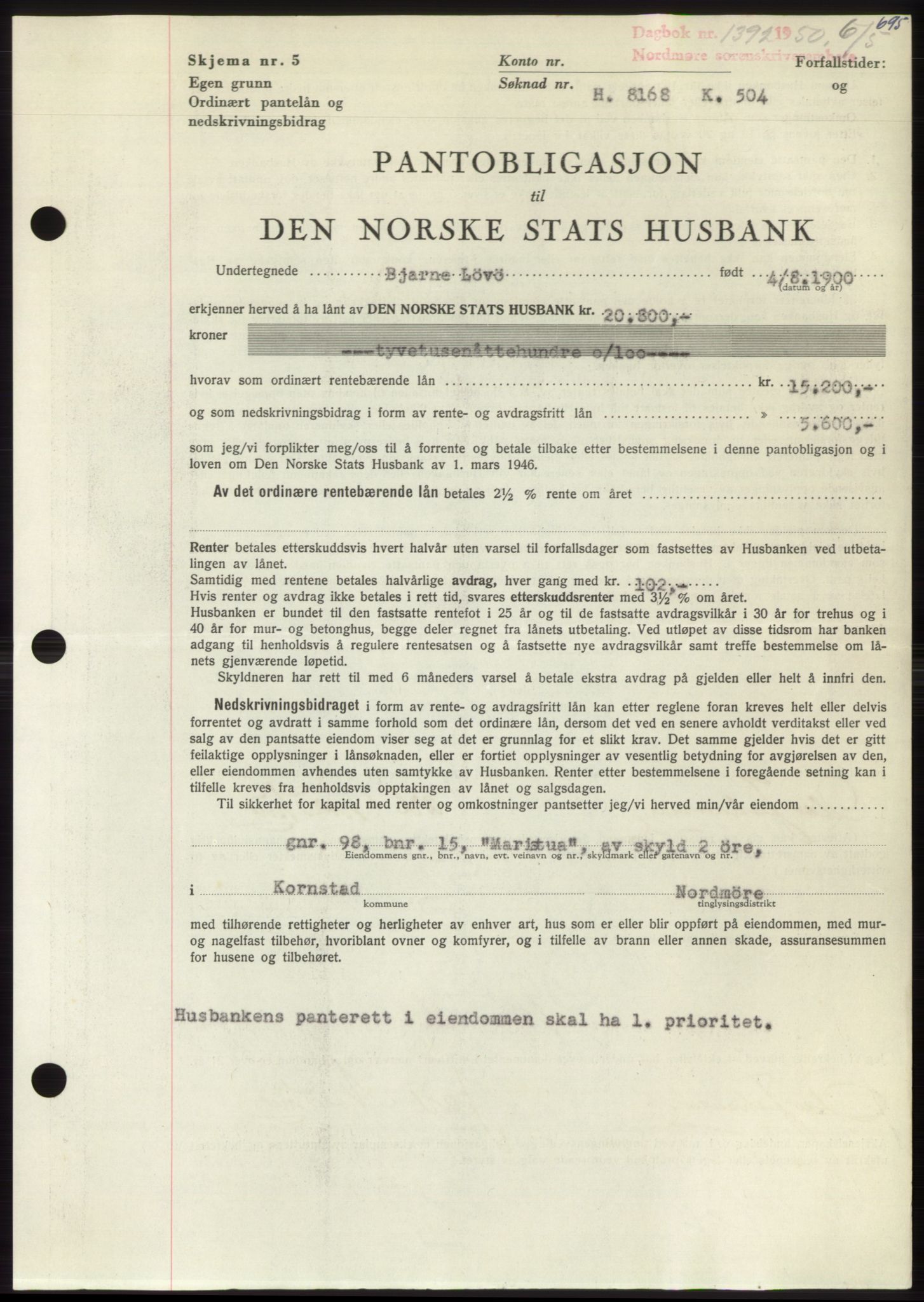 Nordmøre sorenskriveri, SAT/A-4132/1/2/2Ca: Pantebok nr. B104, 1950-1950, Dagboknr: 1392/1950