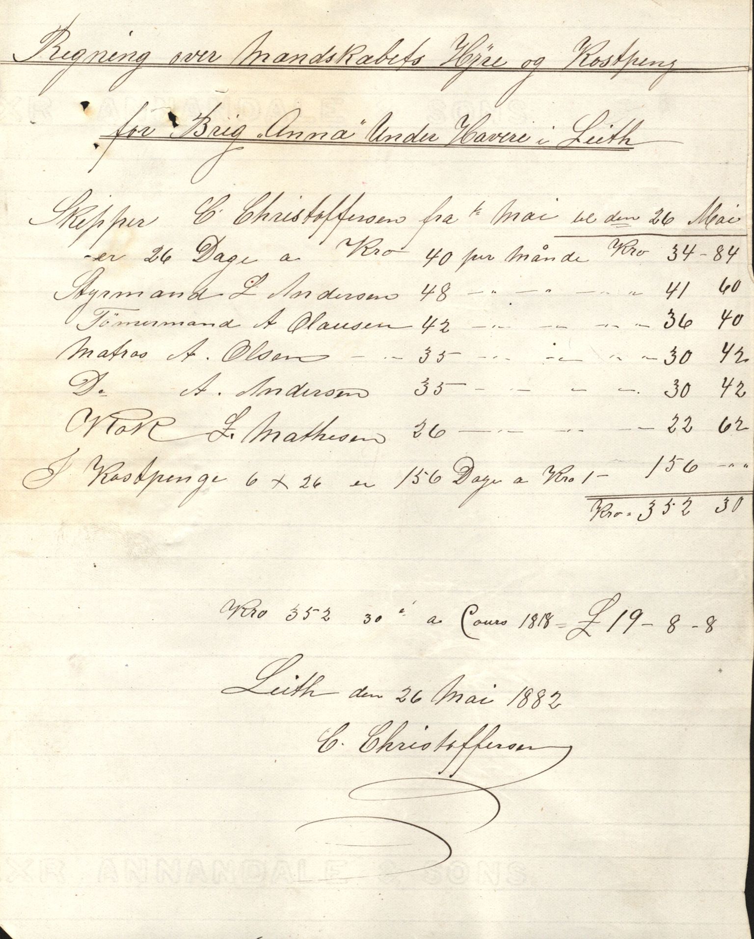 Pa 63 - Østlandske skibsassuranceforening, VEMU/A-1079/G/Ga/L0014/0012: Havaridokumenter / Sophie, Andover, Alliance, Anna, 1882, s. 85