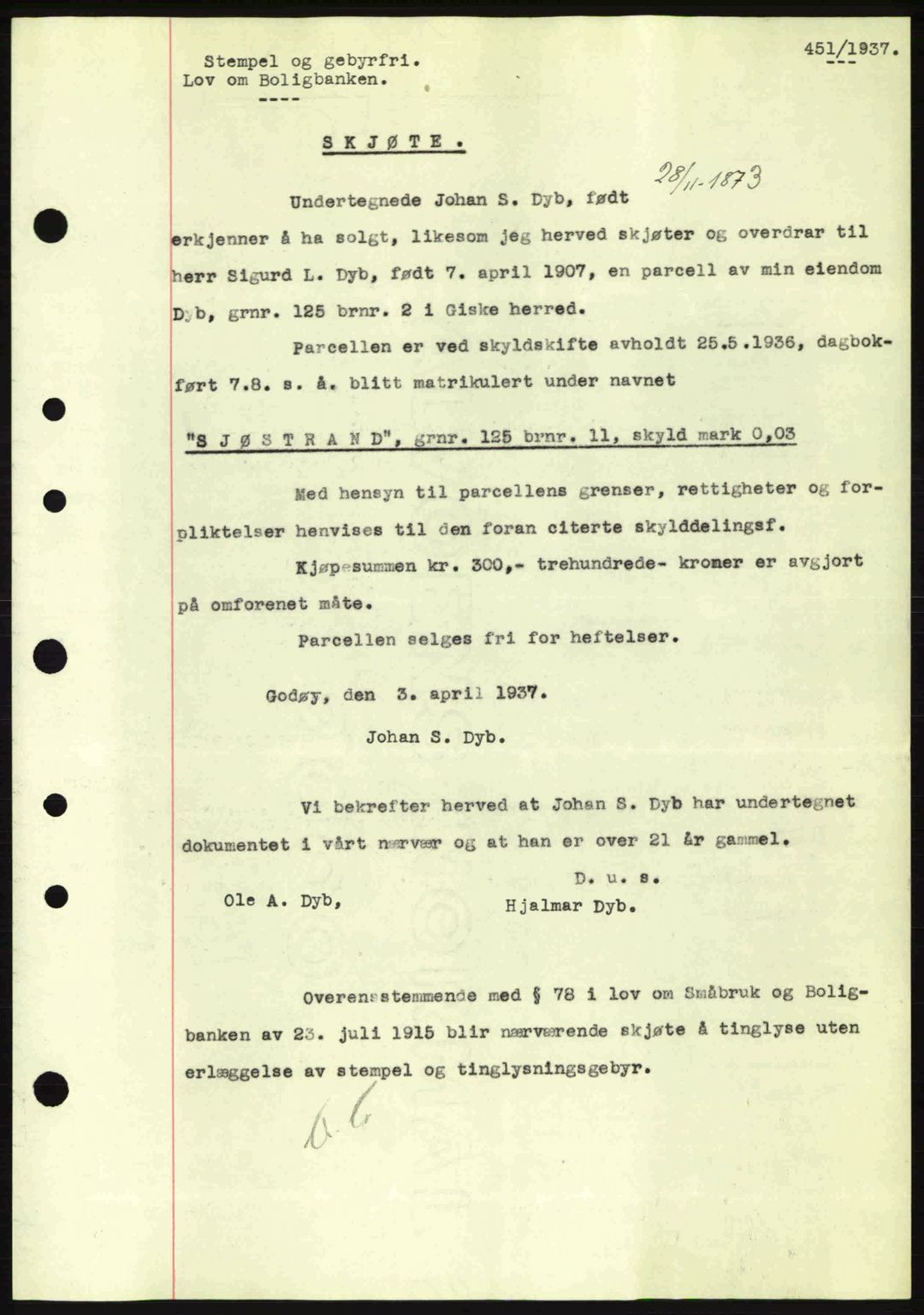 Nordre Sunnmøre sorenskriveri, SAT/A-0006/1/2/2C/2Ca: Pantebok nr. A2, 1936-1937, Dagboknr: 451/1937