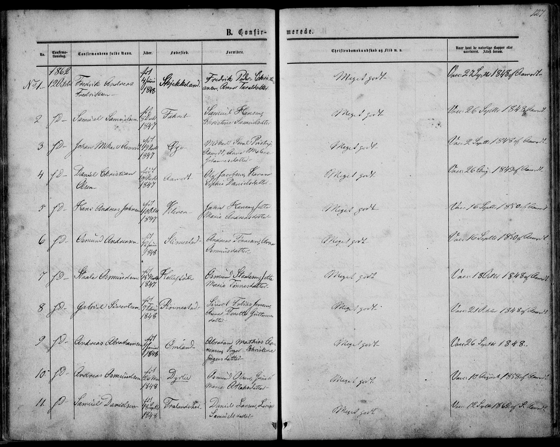Kvinesdal sokneprestkontor, SAK/1111-0026/F/Fa/Fab/L0006: Ministerialbok nr. A 6, 1857-1869, s. 127