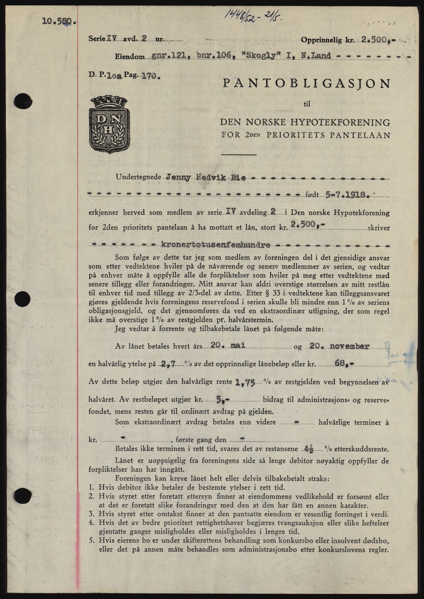 Hadeland og Land tingrett, SAH/TING-010/H/Hb/Hbc/L0023: Pantebok nr. B23, 1952-1952, Dagboknr: 1448/1952