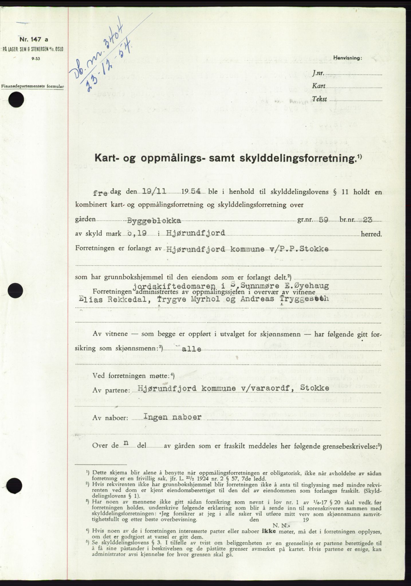 Søre Sunnmøre sorenskriveri, AV/SAT-A-4122/1/2/2C/L0099: Pantebok nr. 25A, 1954-1954, Dagboknr: 3404/1954