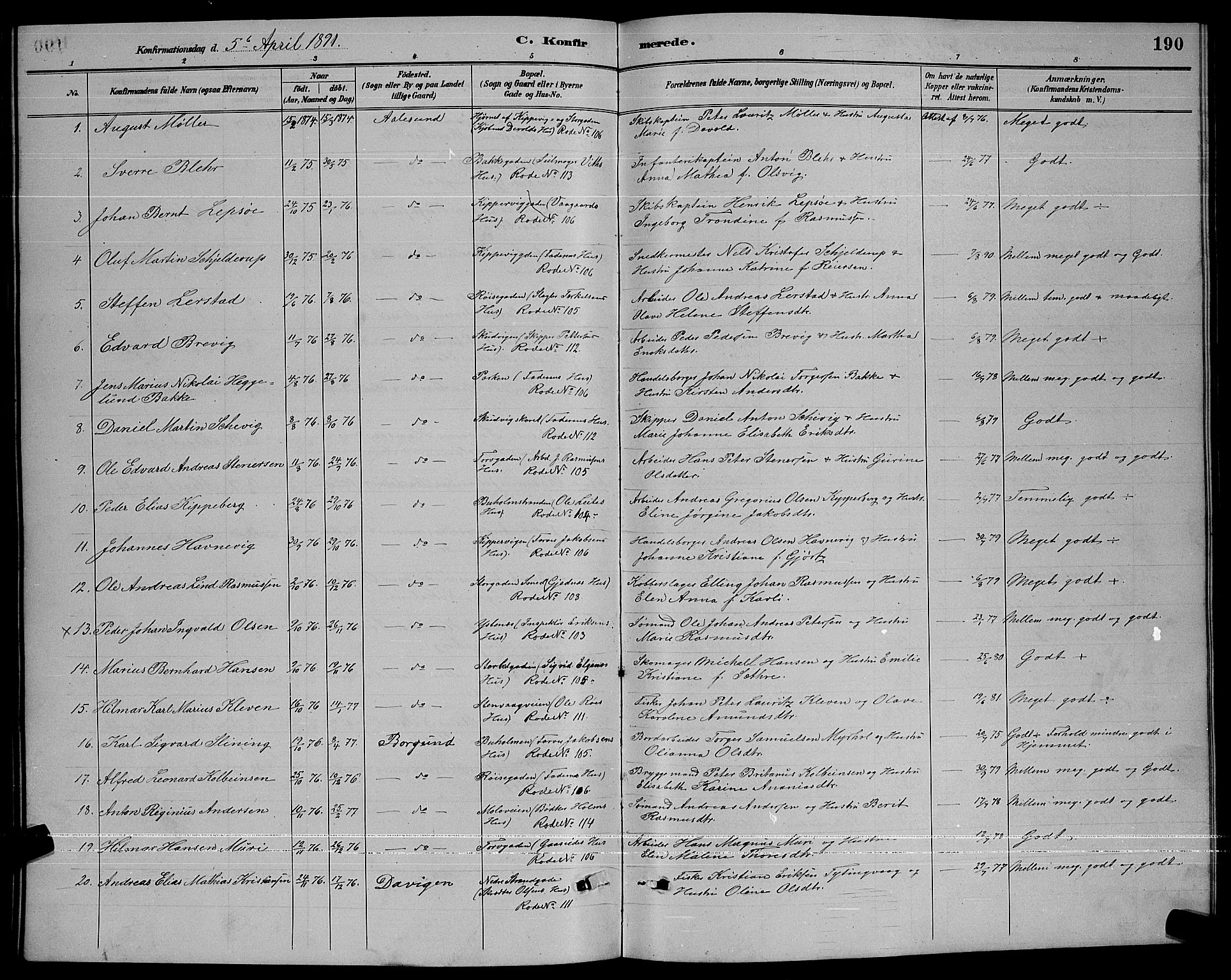 Ministerialprotokoller, klokkerbøker og fødselsregistre - Møre og Romsdal, SAT/A-1454/529/L0467: Klokkerbok nr. 529C04, 1889-1897, s. 190