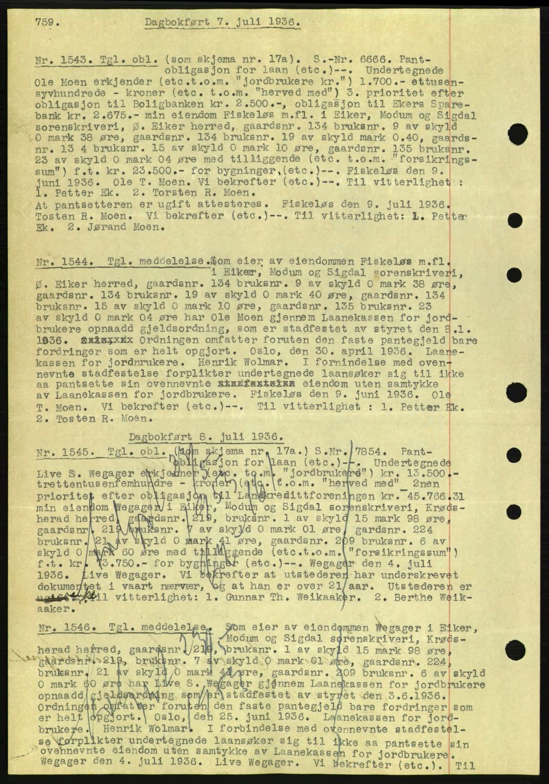 Eiker, Modum og Sigdal sorenskriveri, SAKO/A-123/G/Ga/Gab/L0032: Pantebok nr. A2, 1936-1936, Dagboknr: 1543/1936