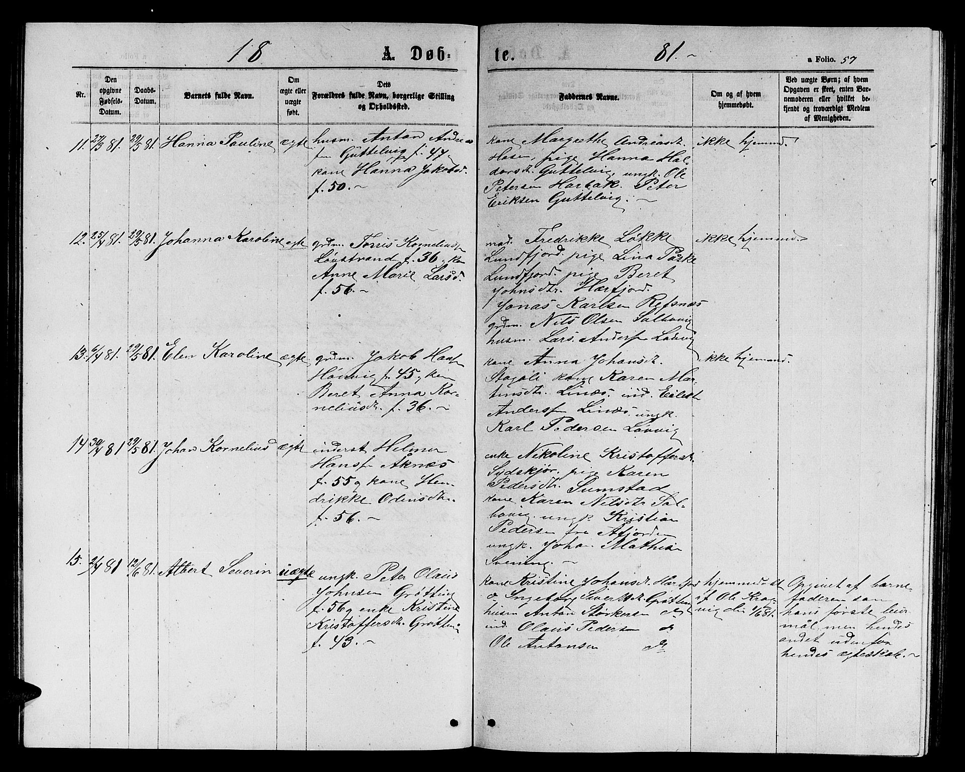 Ministerialprotokoller, klokkerbøker og fødselsregistre - Sør-Trøndelag, SAT/A-1456/656/L0695: Klokkerbok nr. 656C01, 1867-1889, s. 57
