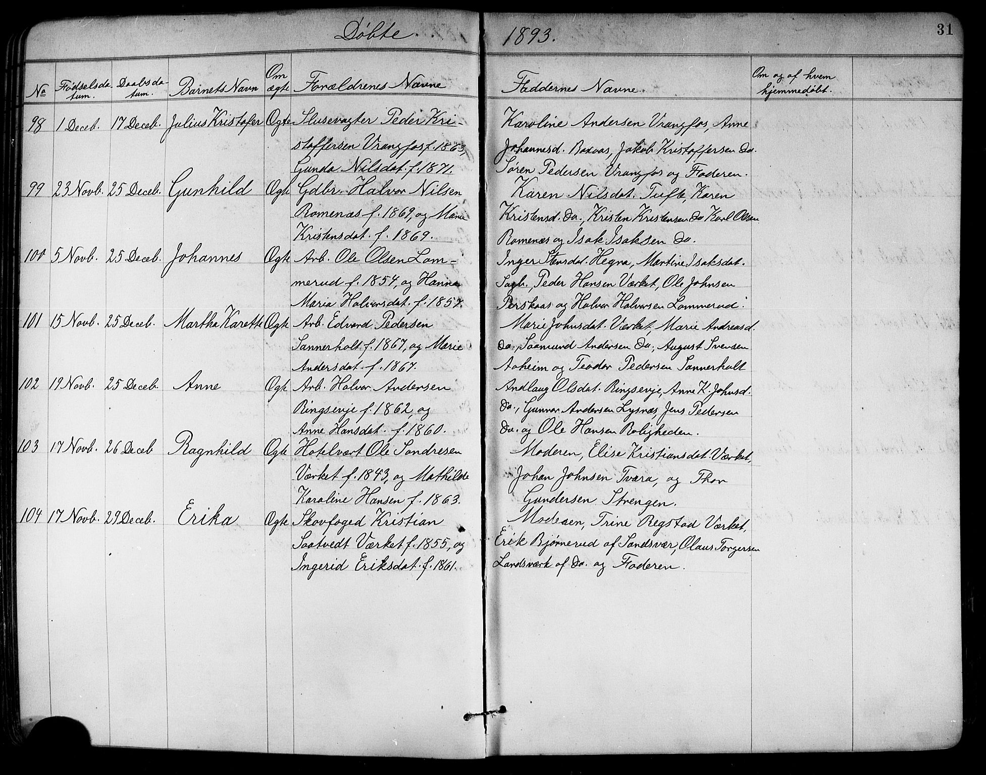 Holla kirkebøker, AV/SAKO-A-272/G/Ga/L0005: Klokkerbok nr. I 5, 1891-1917, s. 31