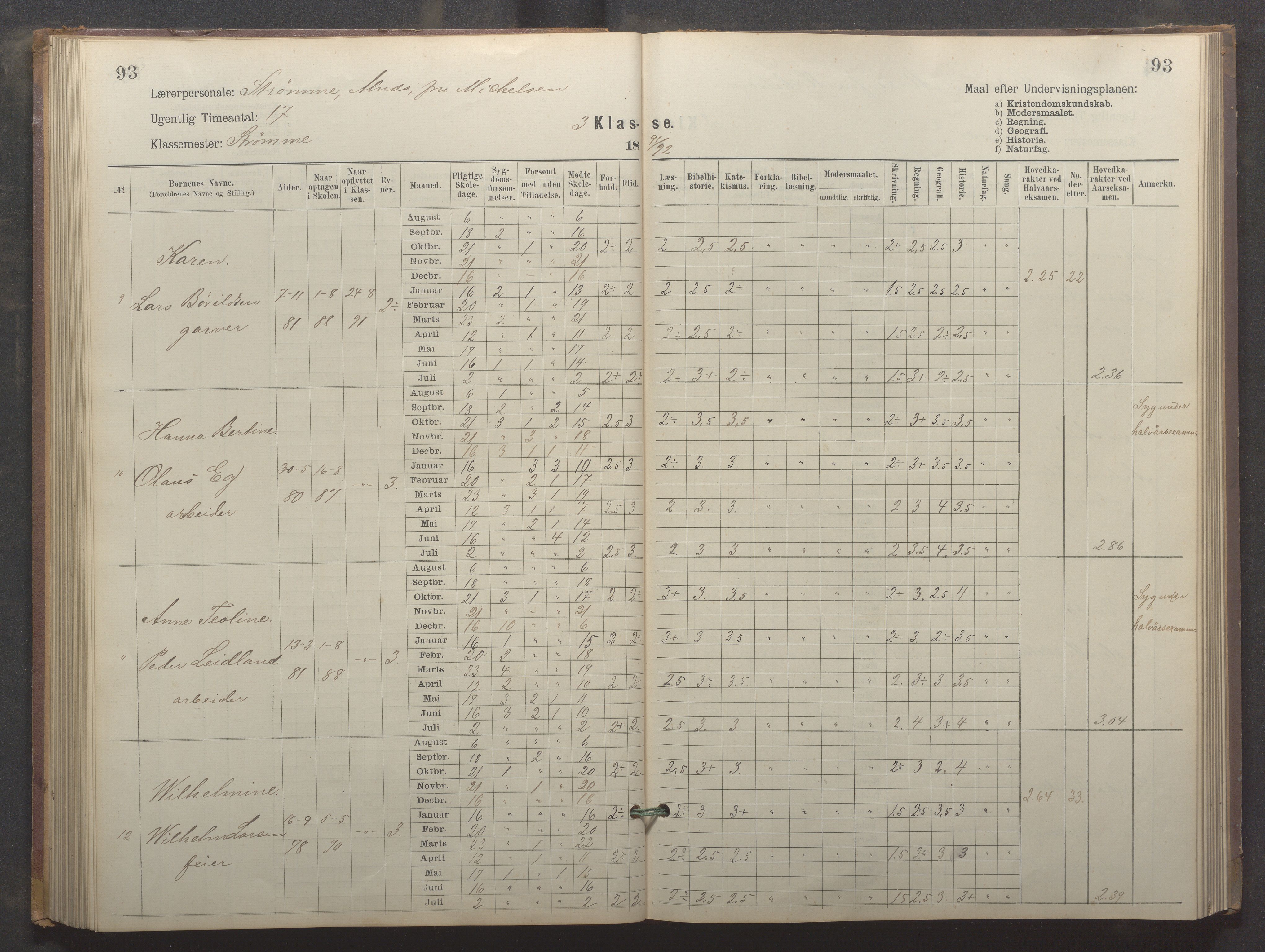 Egersund kommune (Ladested) - Egersund almueskole/folkeskole, IKAR/K-100521/H/L0024: Skoleprotokoll - Almueskolen, 3. klasse, 1887-1892, s. 93