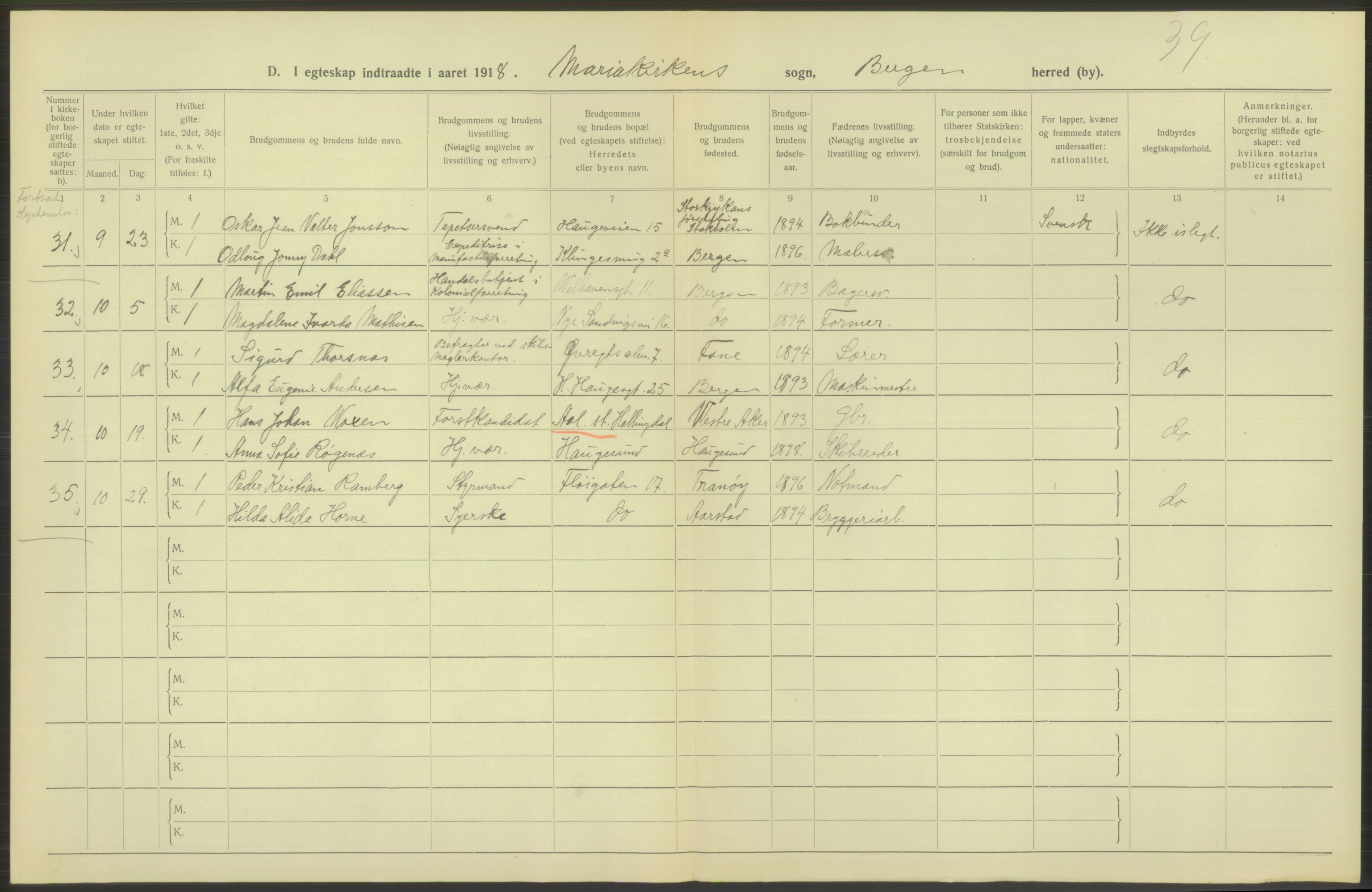 Statistisk sentralbyrå, Sosiodemografiske emner, Befolkning, RA/S-2228/D/Df/Dfb/Dfbh/L0038: Bergen: Gifte, dødfødte., 1918, s. 194