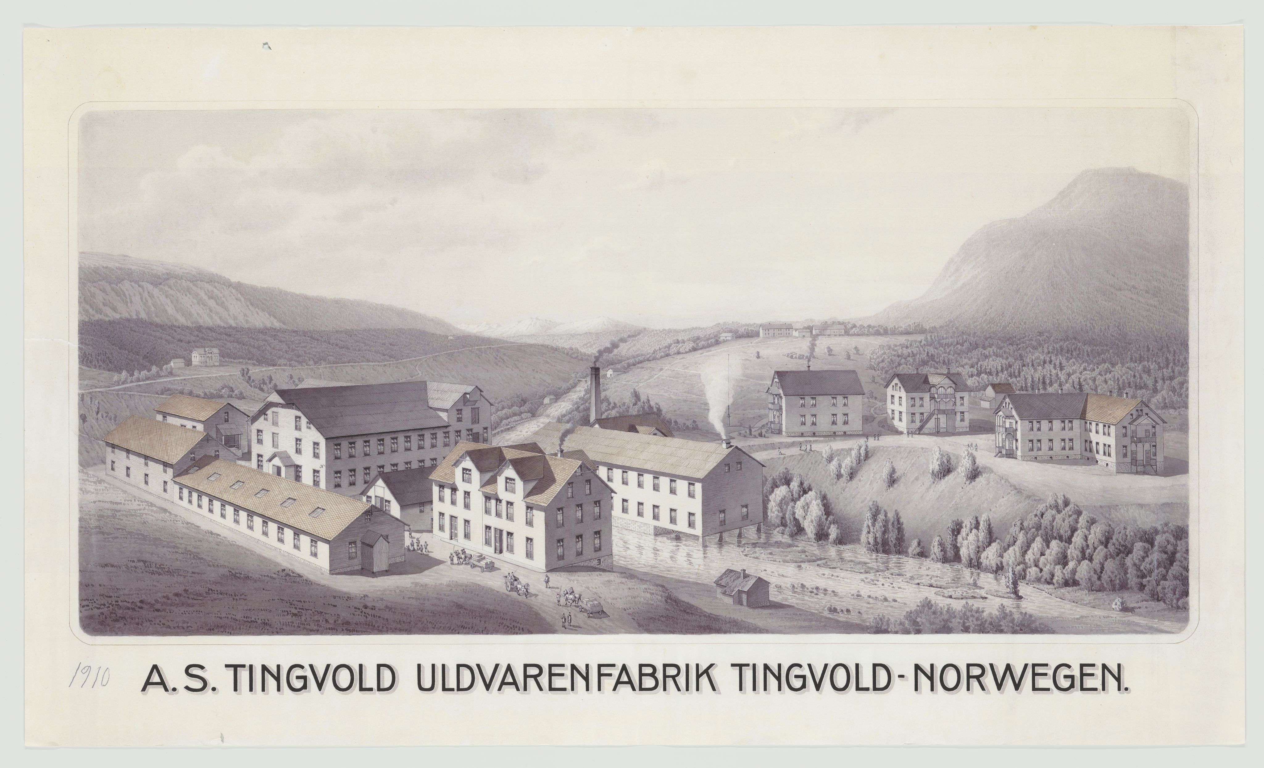 Tingvoll Ullvarefabrikk, IKAM/P-00482/T/Ta/L0002: Fantasitegning av fabrikken (kopi), 1910