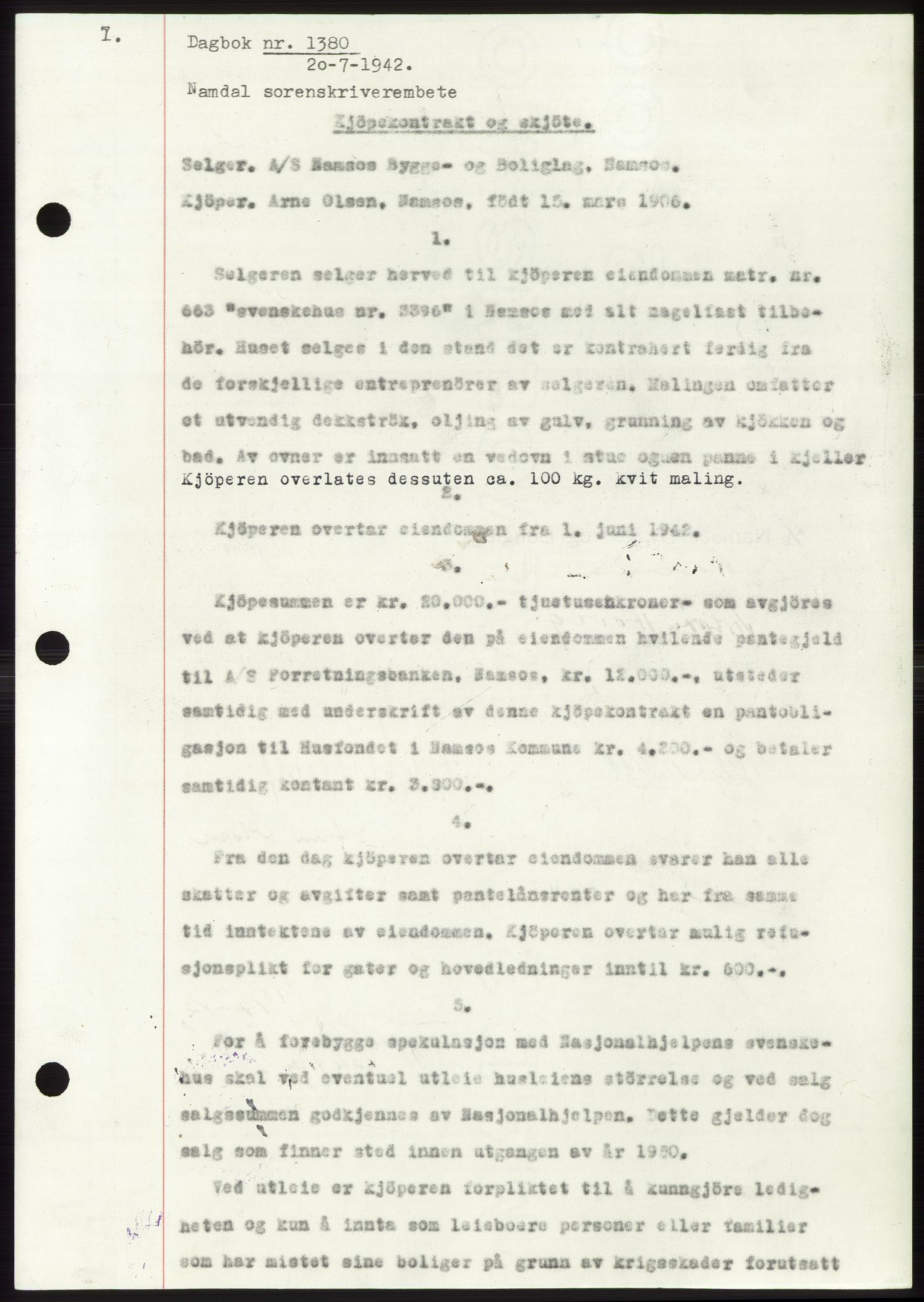 Namdal sorenskriveri, SAT/A-4133/1/2/2C: Pantebok nr. -, 1942-1943, Dagboknr: 1380/1942