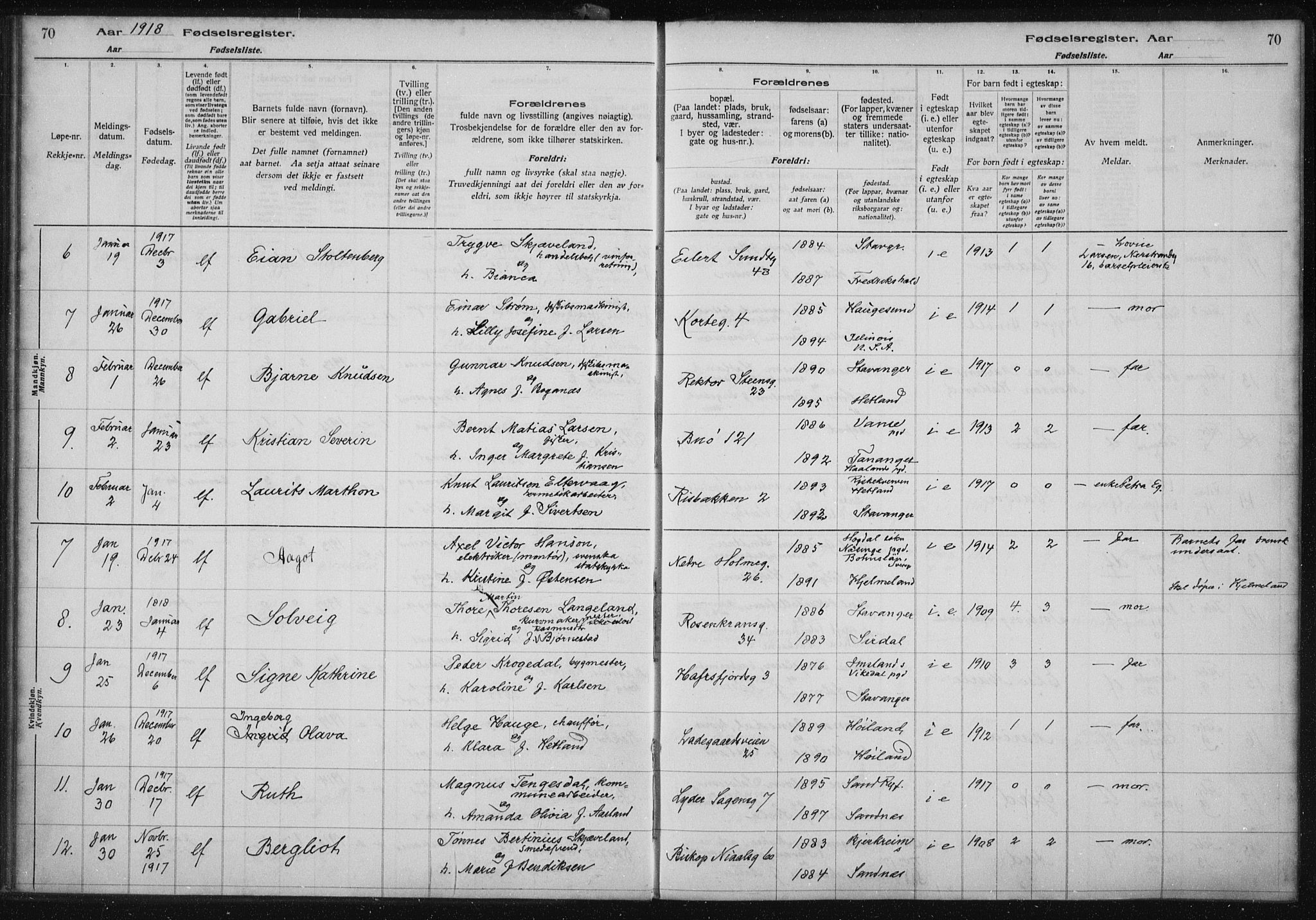 St. Petri sokneprestkontor, AV/SAST-A-101813/002/A/L0001: Fødselsregister nr. 1, 1916-1922, s. 70