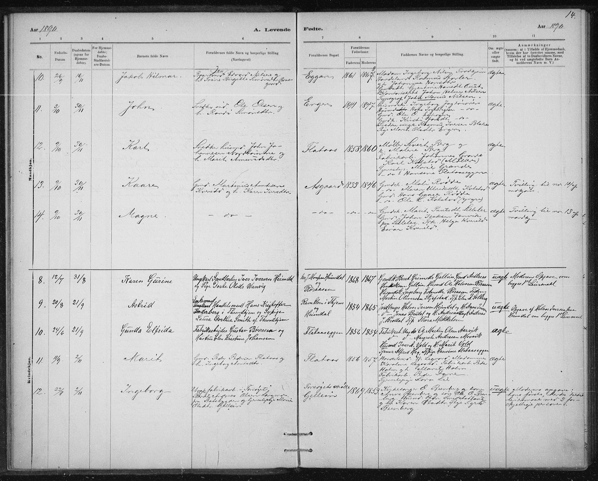 Ministerialprotokoller, klokkerbøker og fødselsregistre - Sør-Trøndelag, SAT/A-1456/613/L0392: Ministerialbok nr. 613A01, 1887-1906, s. 14