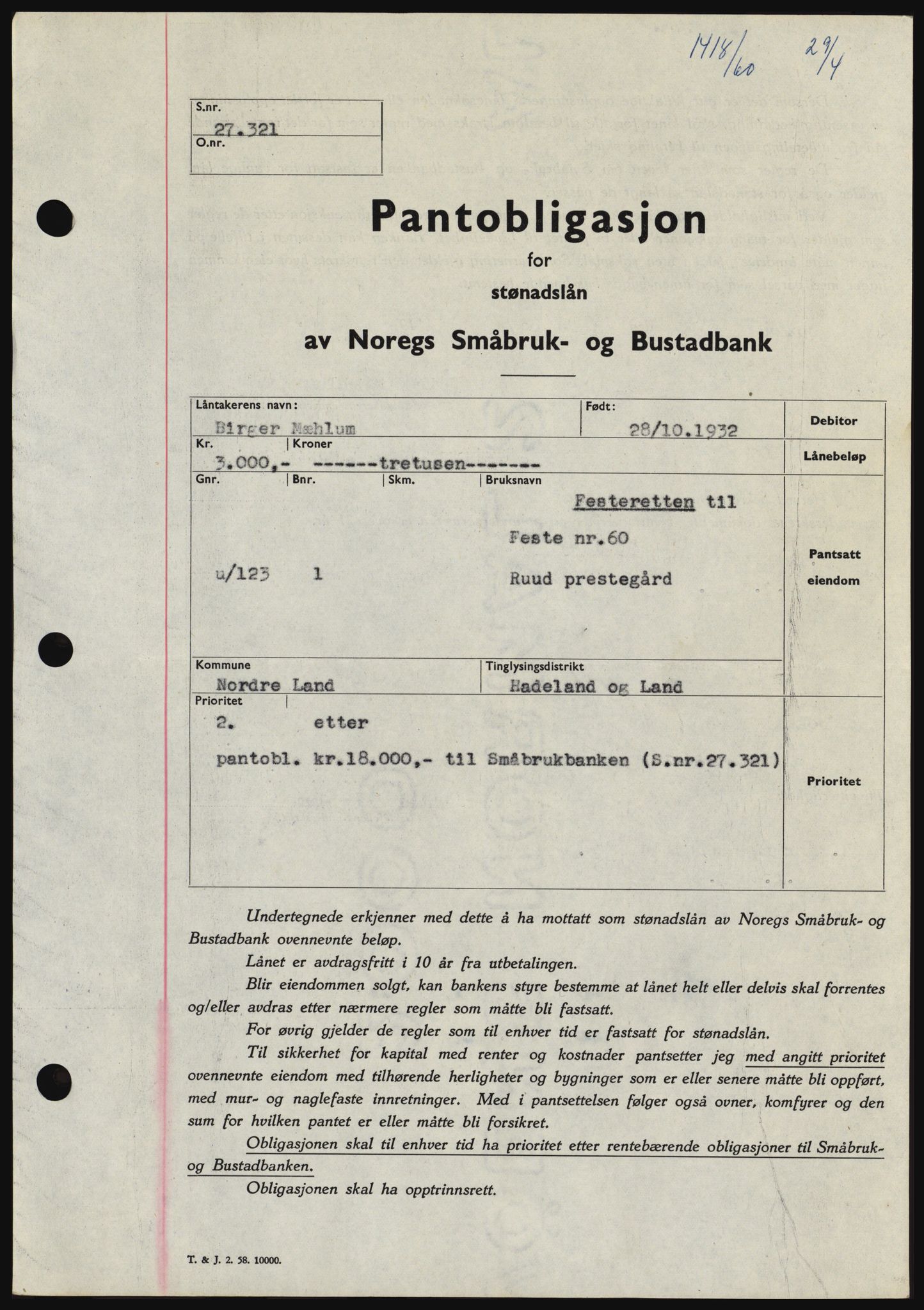 Hadeland og Land tingrett, SAH/TING-010/H/Hb/Hbc/L0042: Pantebok nr. B42, 1959-1960, Dagboknr: 1418/1960