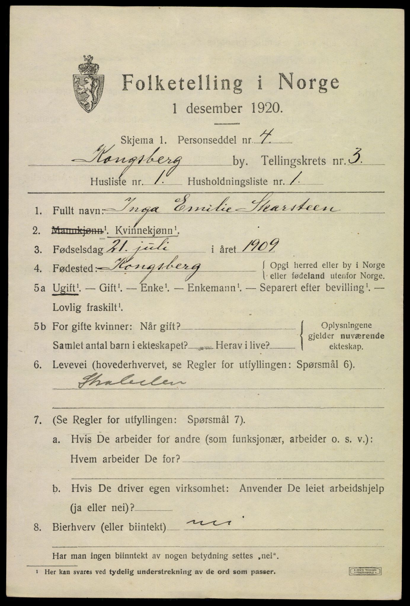 SAKO, Folketelling 1920 for 0604 Kongsberg kjøpstad, 1920, s. 9908