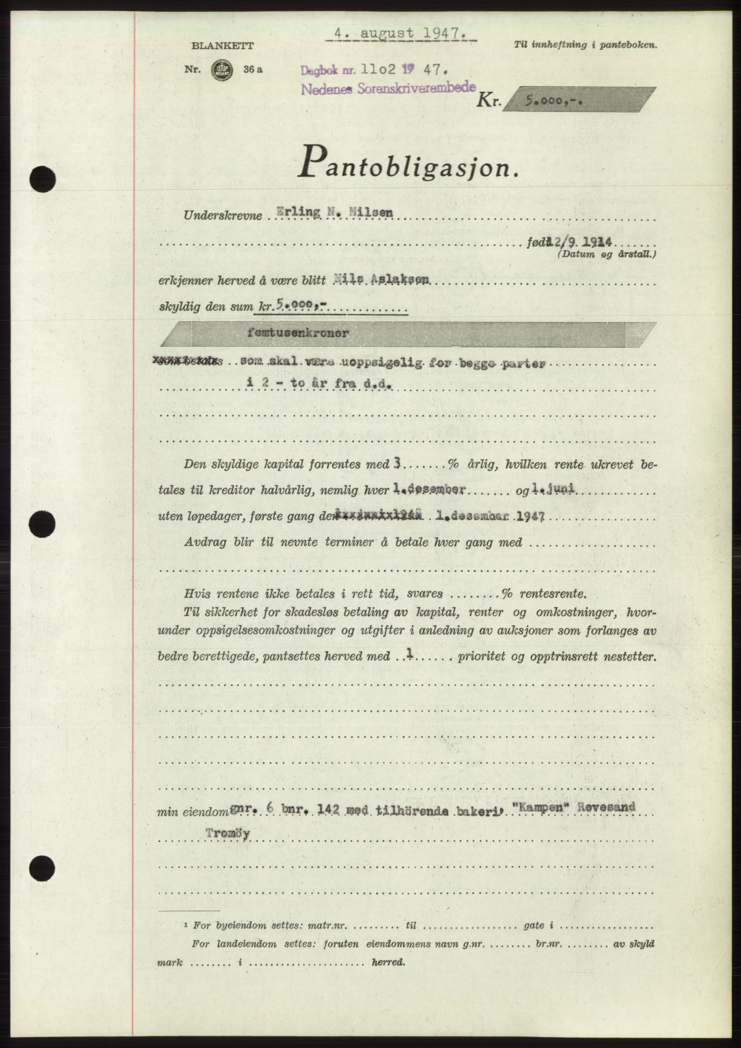 Nedenes sorenskriveri, SAK/1221-0006/G/Gb/Gbb/L0004: Pantebok nr. B4, 1947-1947, Dagboknr: 1102/1947