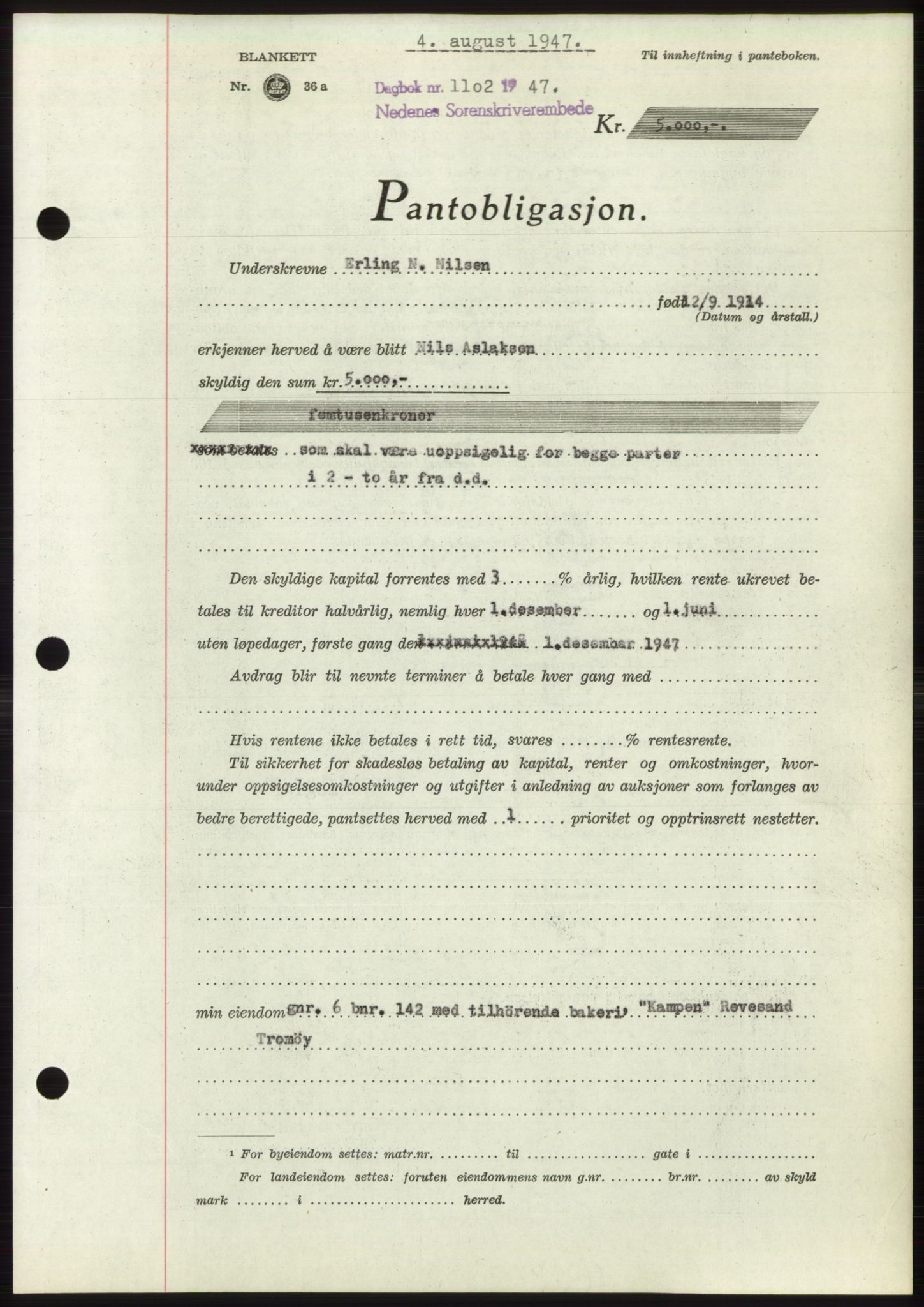 Nedenes sorenskriveri, AV/SAK-1221-0006/G/Gb/Gbb/L0004: Pantebok nr. B4, 1947-1947, Dagboknr: 1102/1947