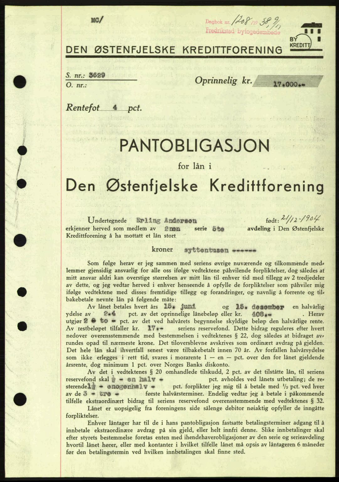 Fredrikstad byfogd, SAO/A-10473a/G/Ga/Gad/L0002: Pantebok nr. B2, 1938-1939, Dagboknr: 1208/1938