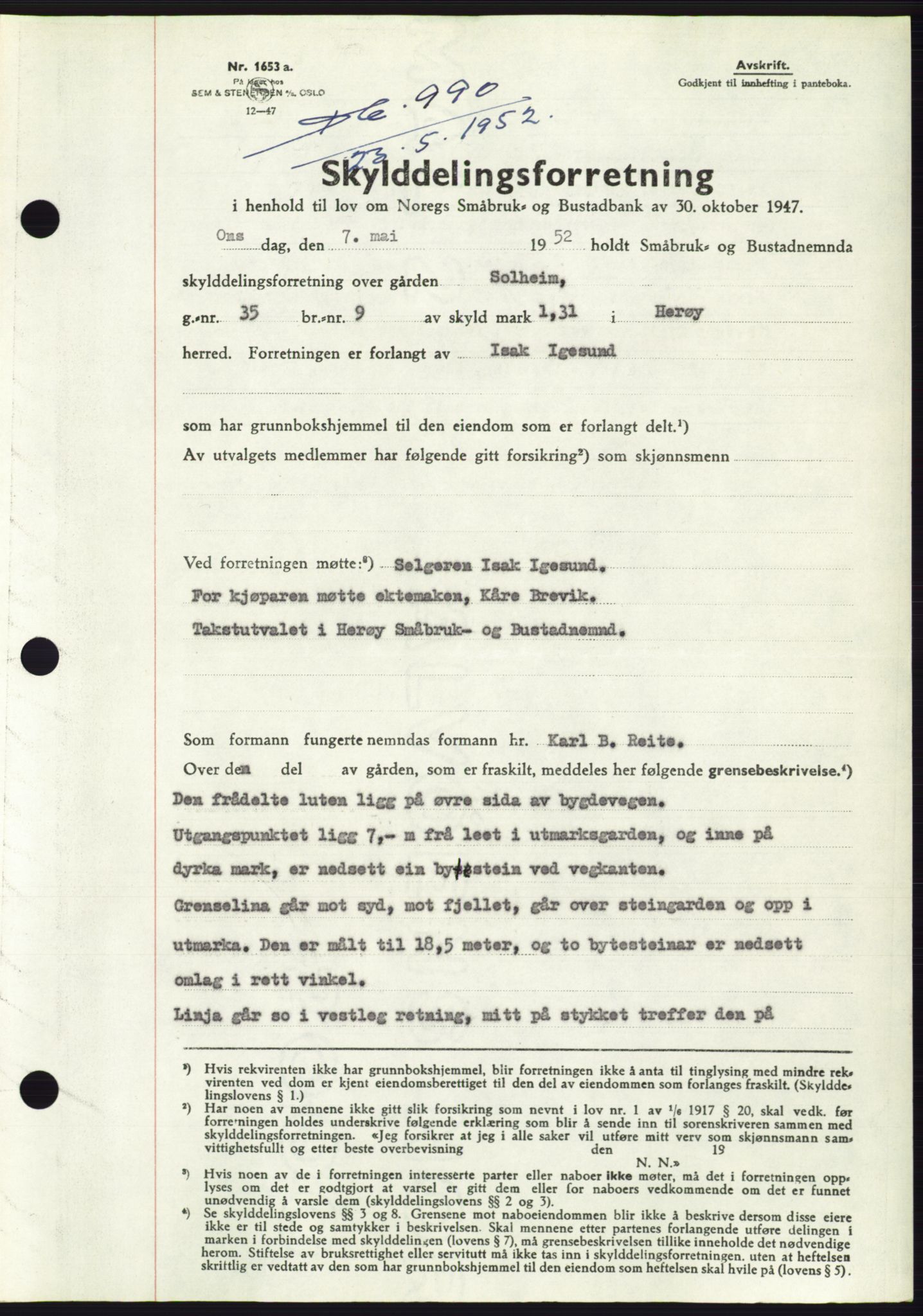 Søre Sunnmøre sorenskriveri, AV/SAT-A-4122/1/2/2C/L0121: Pantebok nr. 9B, 1951-1952, Dagboknr: 990/1952