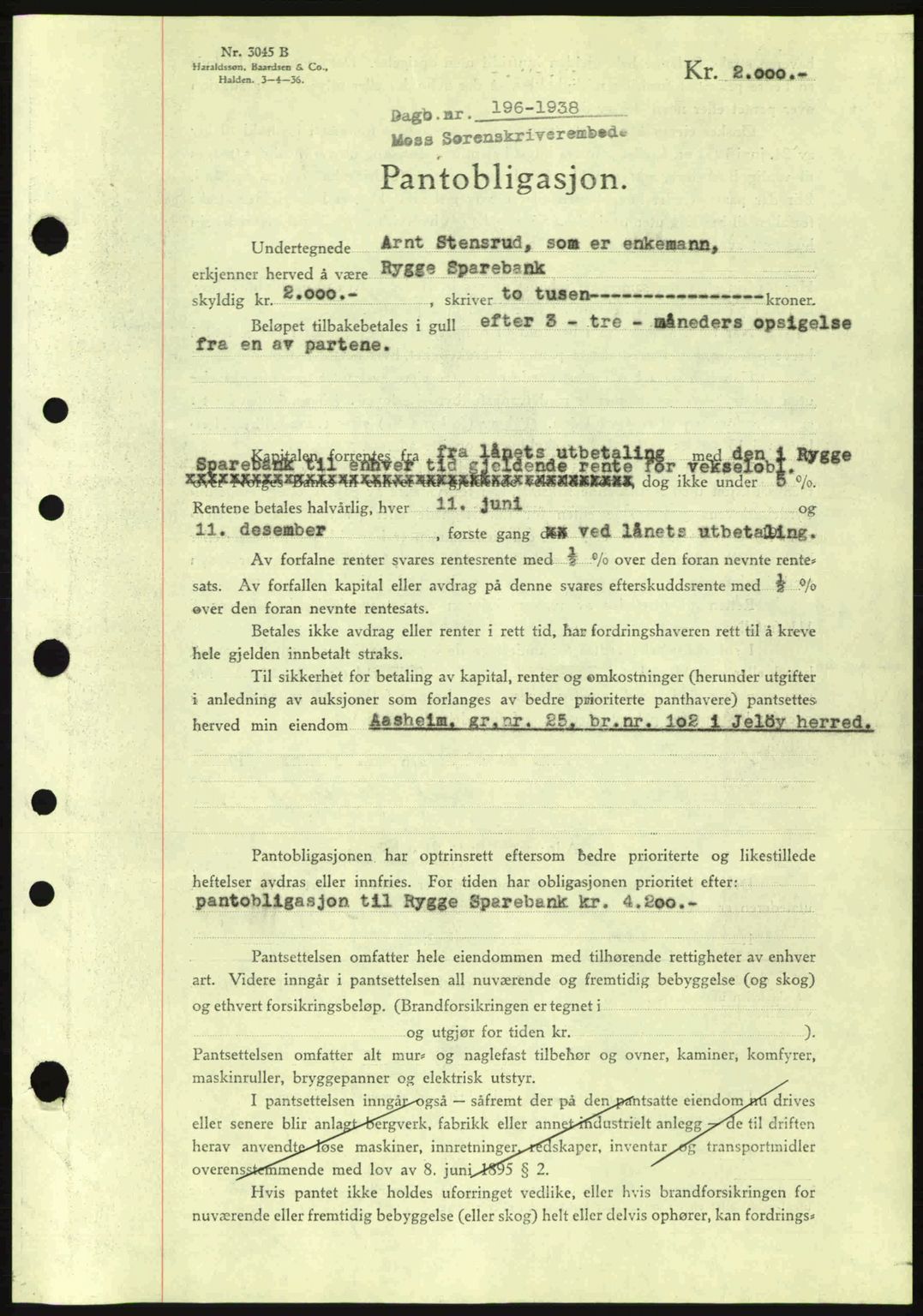 Moss sorenskriveri, SAO/A-10168: Pantebok nr. B4, 1937-1938, Dagboknr: 196/1938
