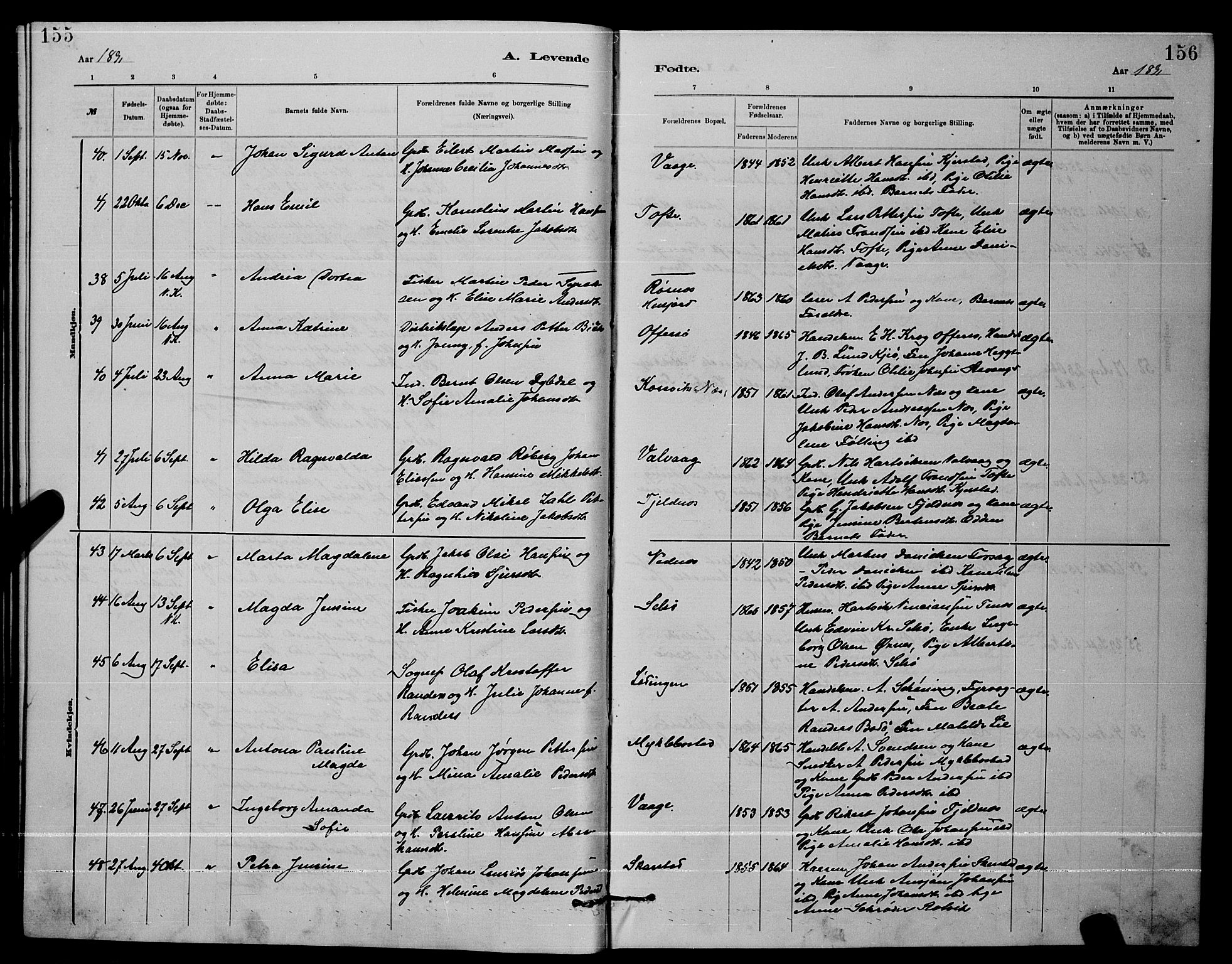 Ministerialprotokoller, klokkerbøker og fødselsregistre - Nordland, AV/SAT-A-1459/872/L1047: Klokkerbok nr. 872C03, 1880-1897, s. 155-156