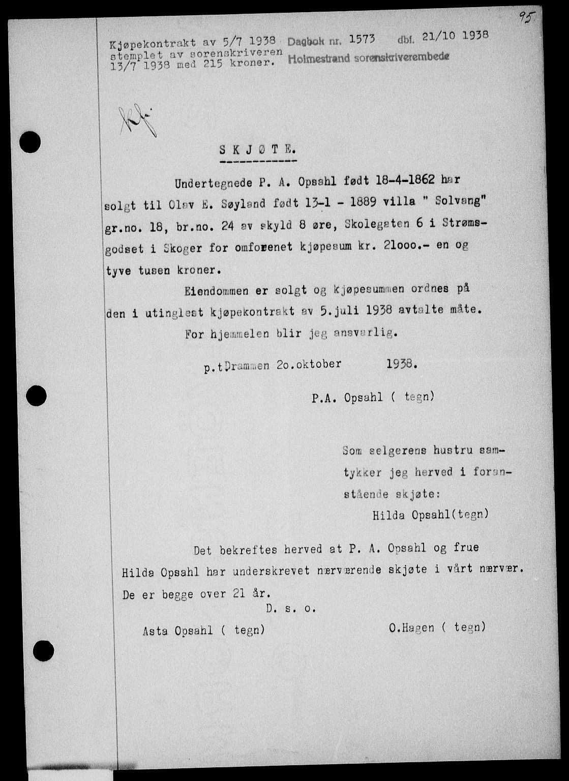 Holmestrand sorenskriveri, SAKO/A-67/G/Ga/Gaa/L0050: Pantebok nr. A-50, 1938-1939, Dagboknr: 1573/1938