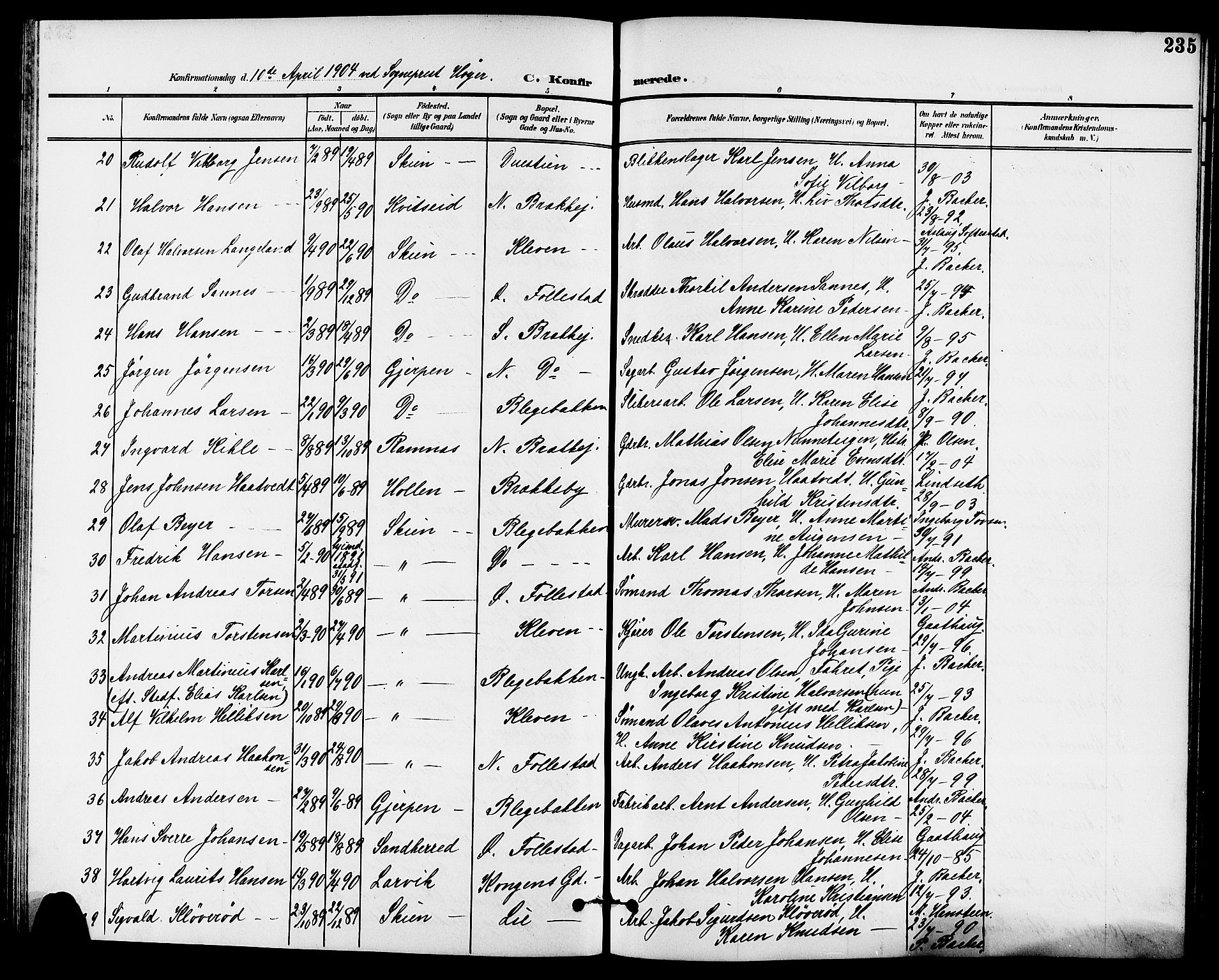 Skien kirkebøker, AV/SAKO-A-302/G/Ga/L0008: Klokkerbok nr. 8, 1900-1910, s. 235