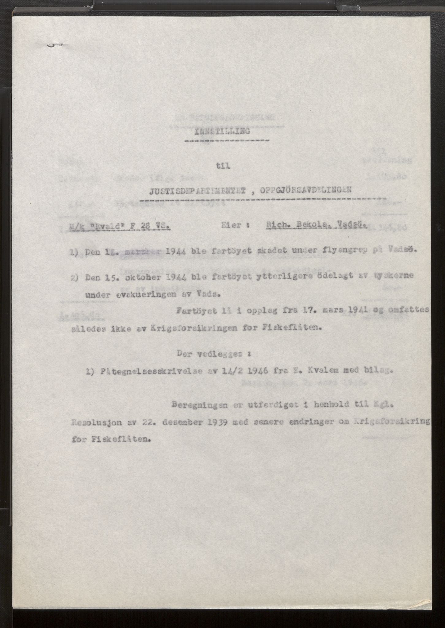 Fiskeridirektoratet - 1 Adm. ledelse - 13 Båtkontoret, SAB/A-2003/La/L0033: Statens krigsforsikring for fiskeflåten, 1936-1971, s. 401