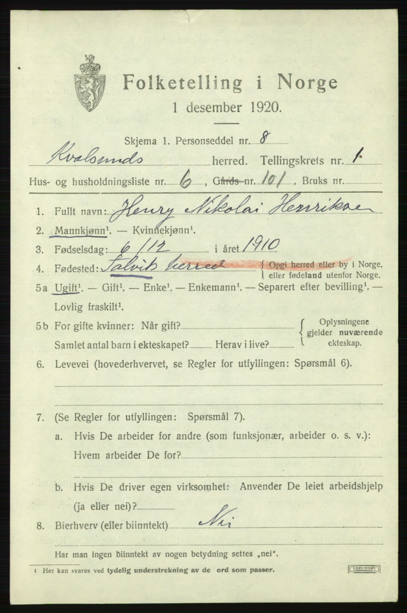 SATØ, Folketelling 1920 for 2017 Kvalsund herred, 1920, s. 534
