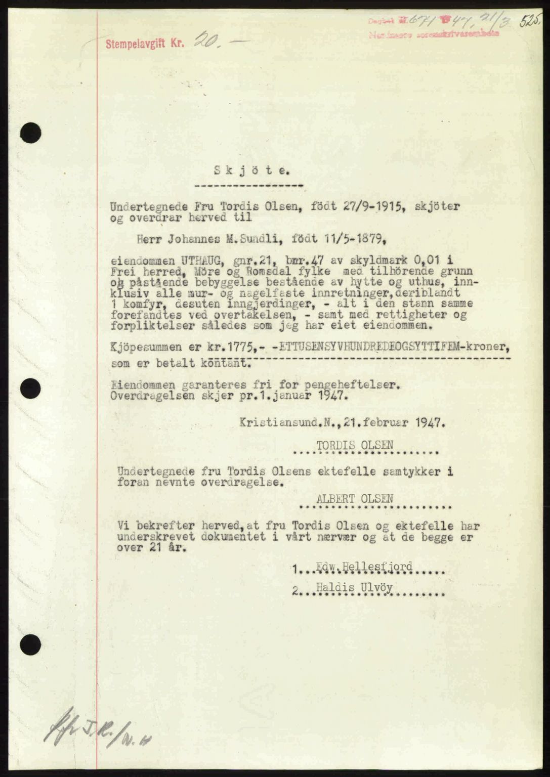 Nordmøre sorenskriveri, SAT/A-4132/1/2/2Ca: Pantebok nr. A104, 1947-1947, Dagboknr: 671/1947