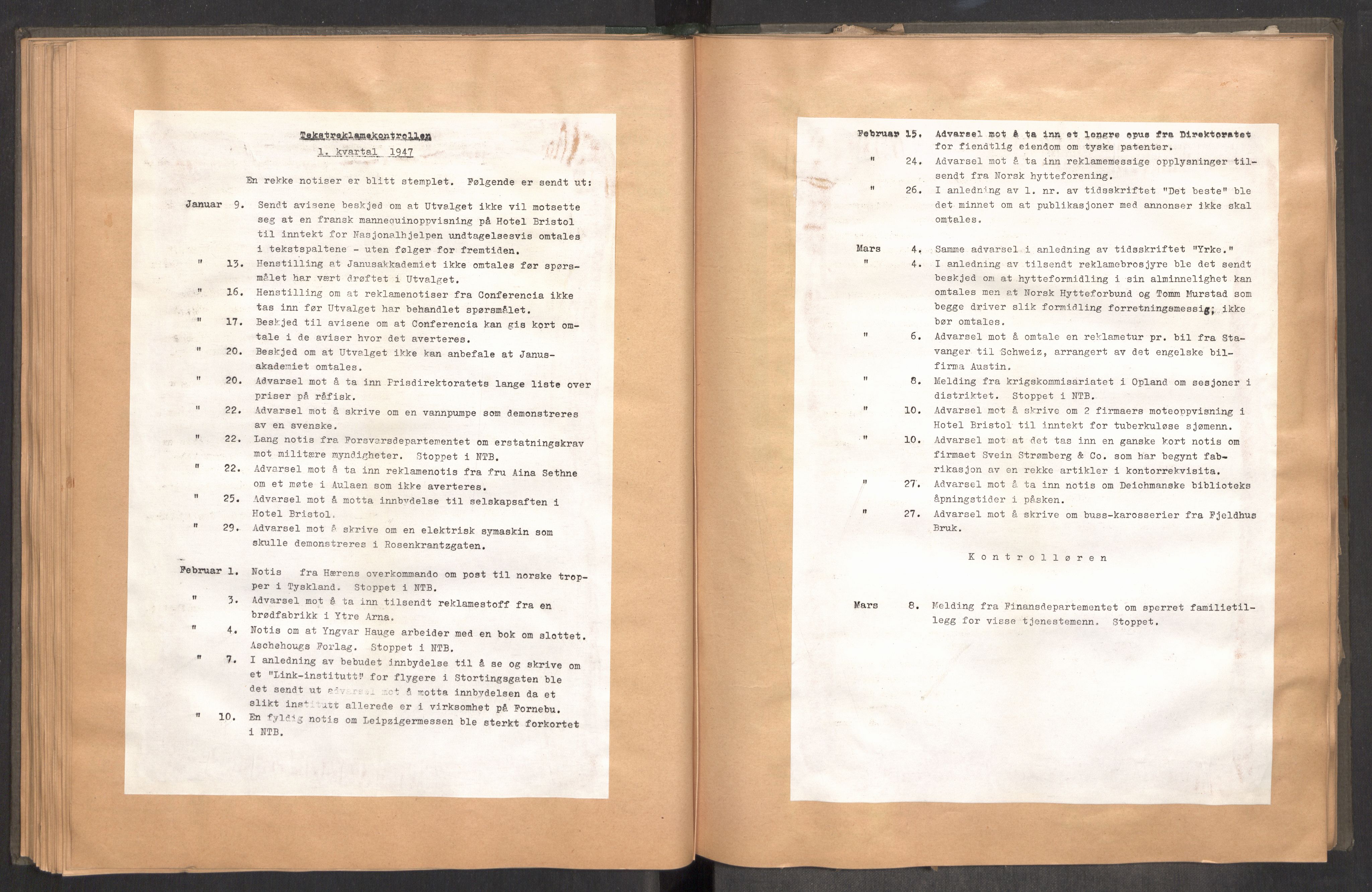 Tekstreklameutvalget, AV/RA-PA-0854/A/Aa/L0004: Kvartalsrapporter om virksomheten, 1940-1951