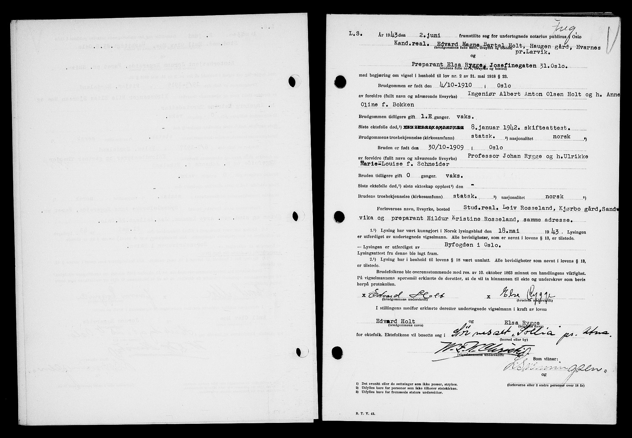 Oslo byfogd avd. I, AV/SAO-A-10220/L/Lb/Lbb/L0045: Notarialprotokoll, rekke II: Vigsler, 1943