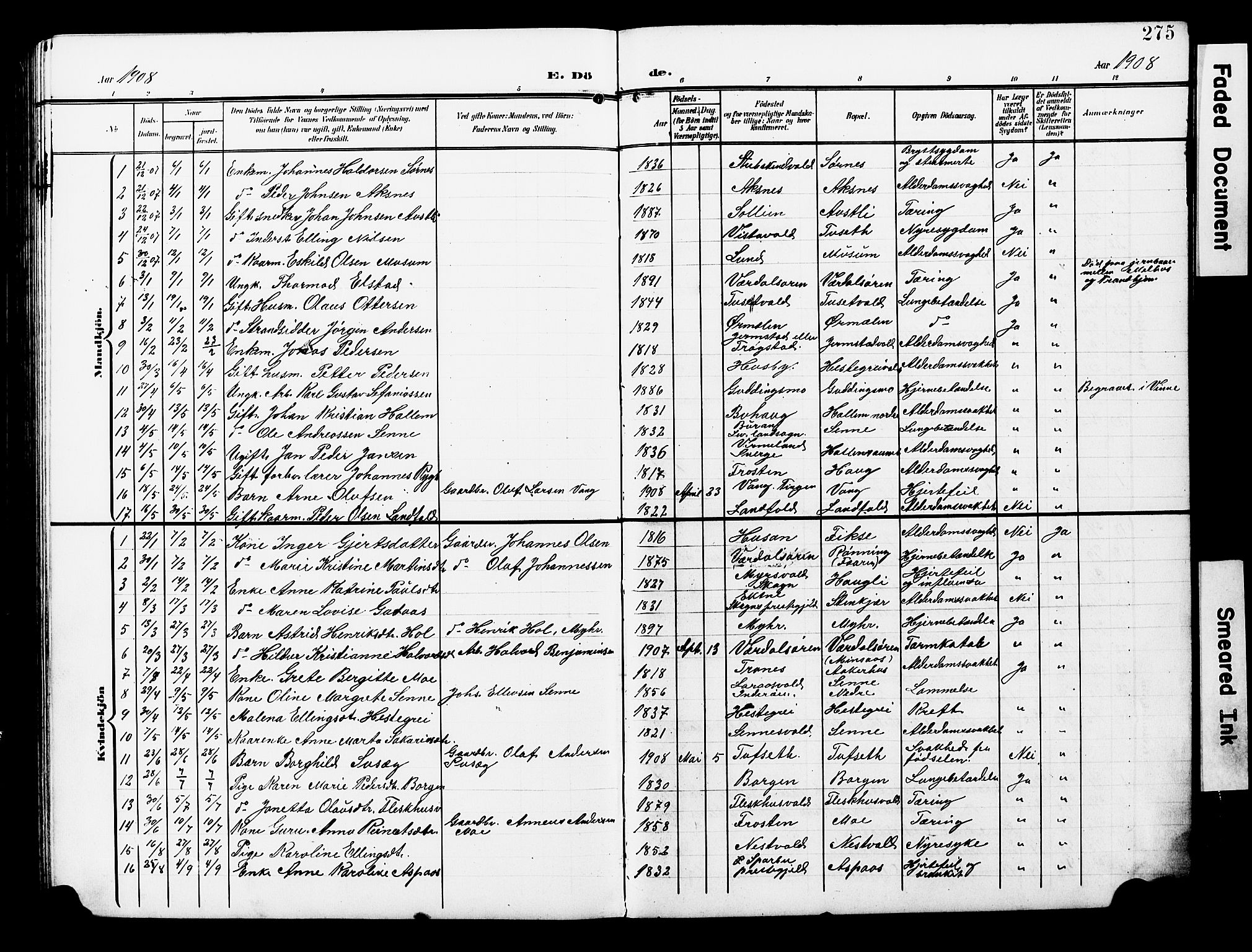 Ministerialprotokoller, klokkerbøker og fødselsregistre - Nord-Trøndelag, SAT/A-1458/723/L0258: Klokkerbok nr. 723C06, 1908-1927, s. 275