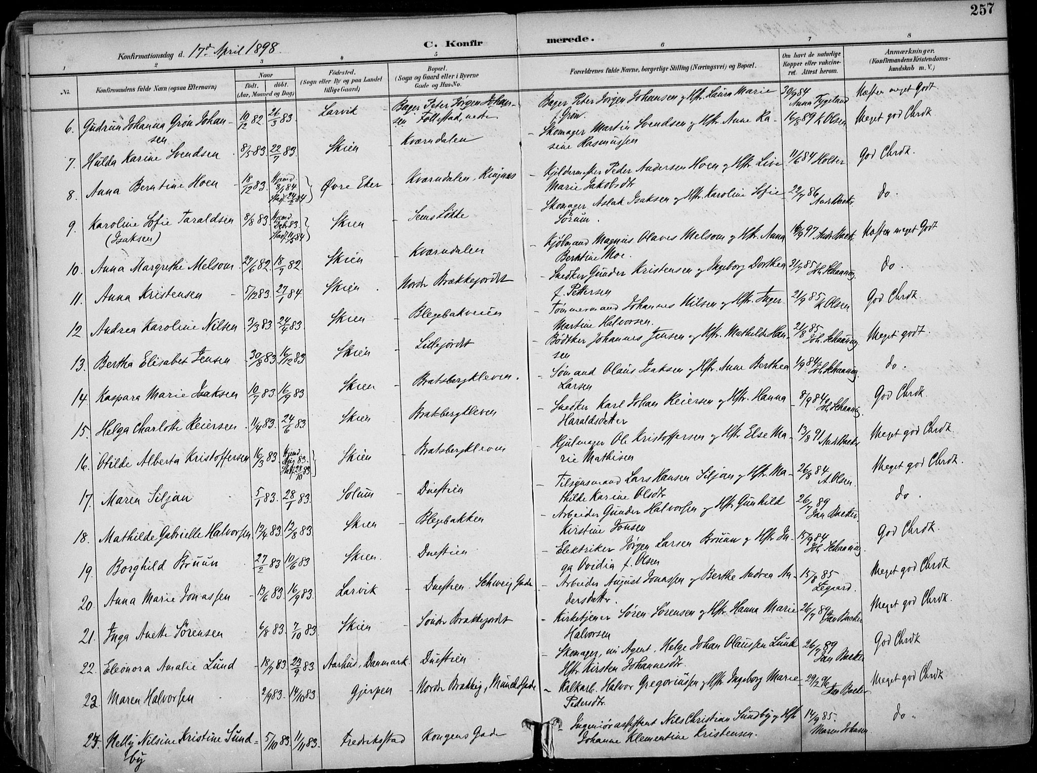 Skien kirkebøker, AV/SAKO-A-302/F/Fa/L0010: Ministerialbok nr. 10, 1891-1899, s. 257