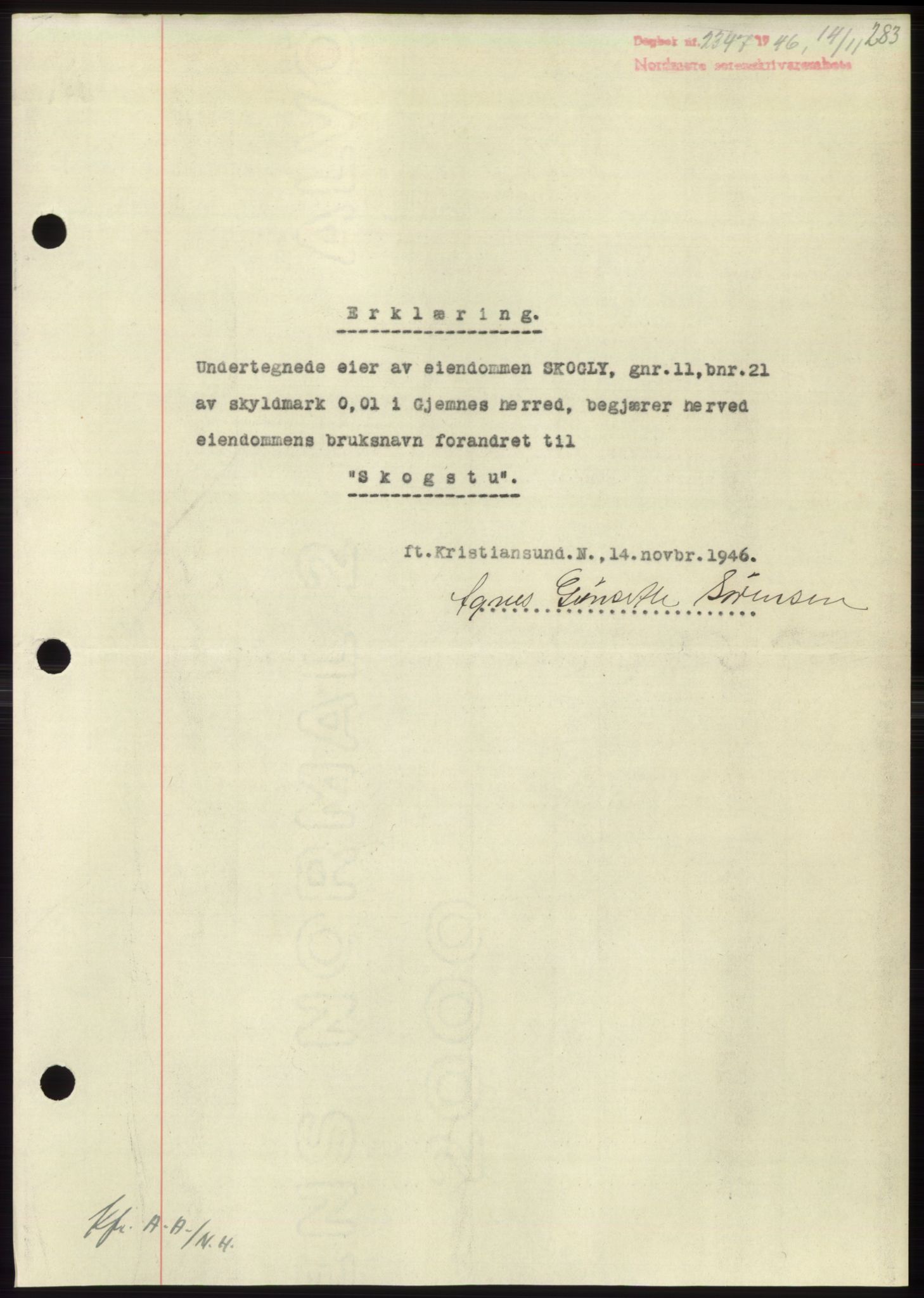Nordmøre sorenskriveri, SAT/A-4132/1/2/2Ca: Pantebok nr. B95, 1946-1947, Dagboknr: 2347/1946