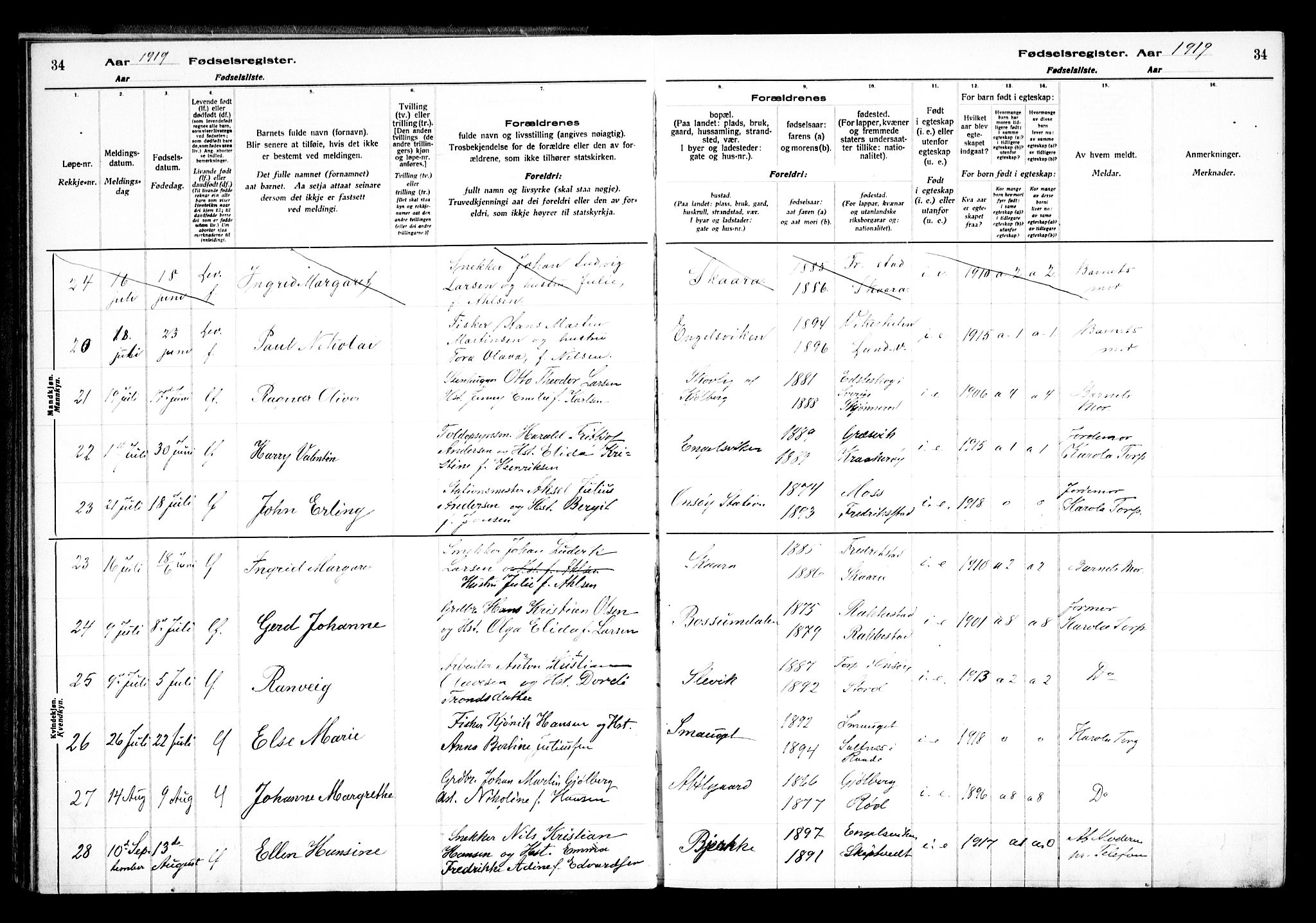 Onsøy prestekontor Kirkebøker, AV/SAO-A-10914/J/Ja/L0001: Fødselsregister nr. I 1, 1916-1937, s. 34