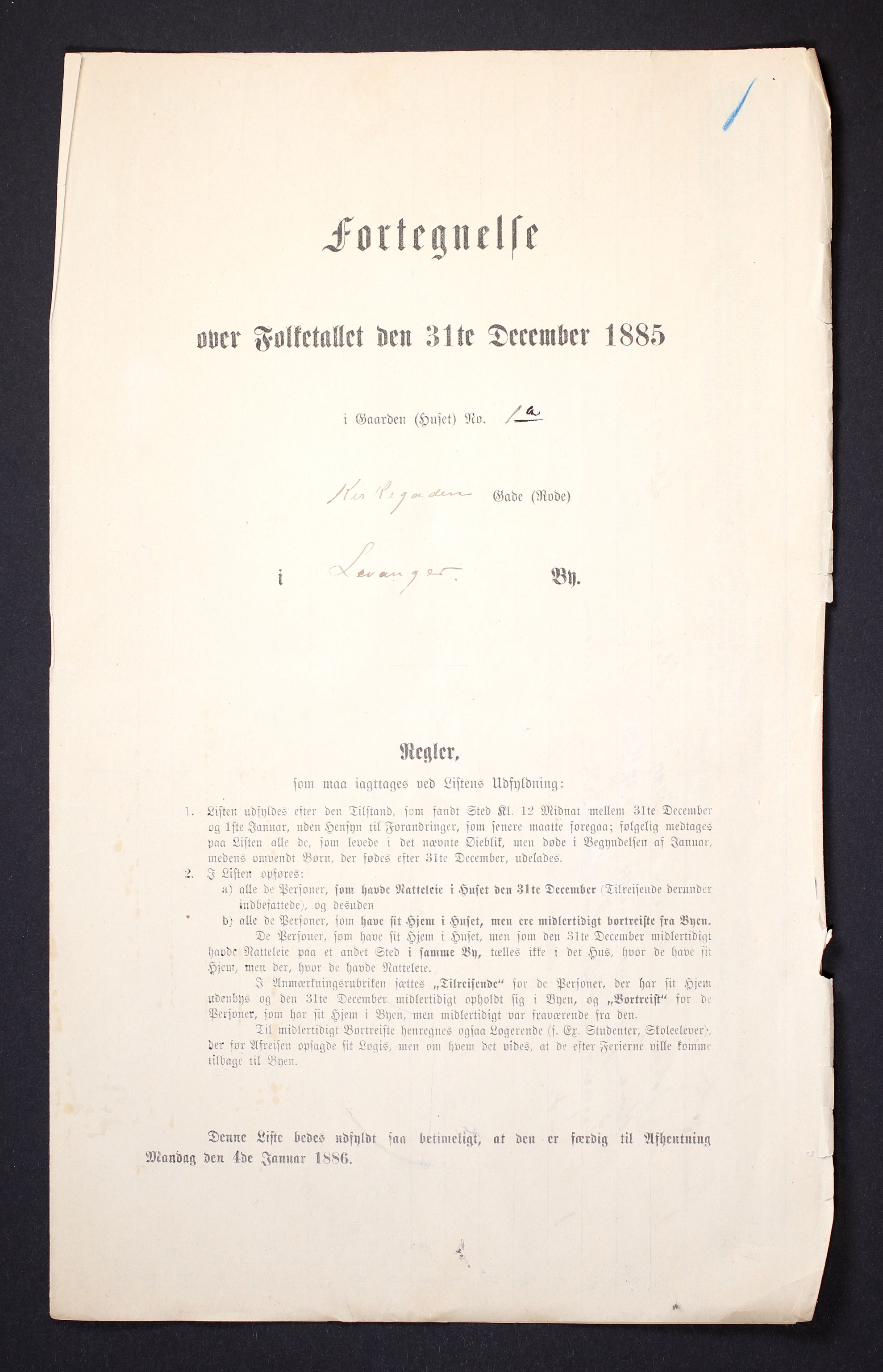 SAT, Folketelling 1885 for 1701 Levanger kjøpstad, 1885, s. 1a