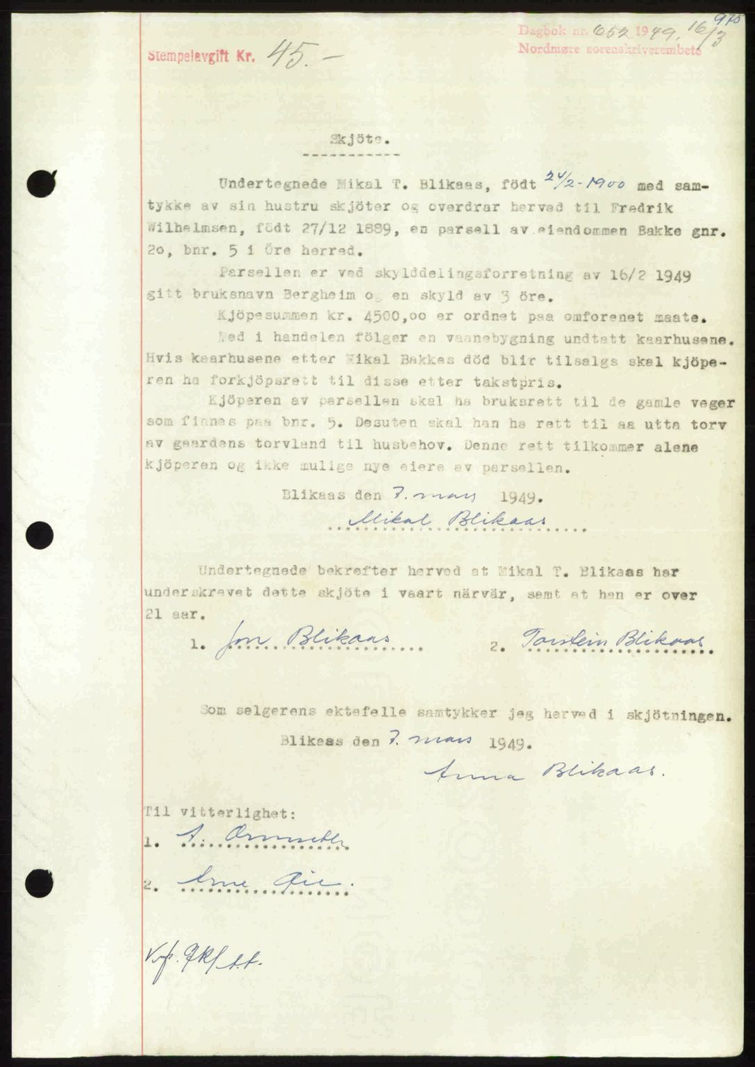 Nordmøre sorenskriveri, SAT/A-4132/1/2/2Ca: Pantebok nr. A110, 1948-1949, Dagboknr: 652/1949