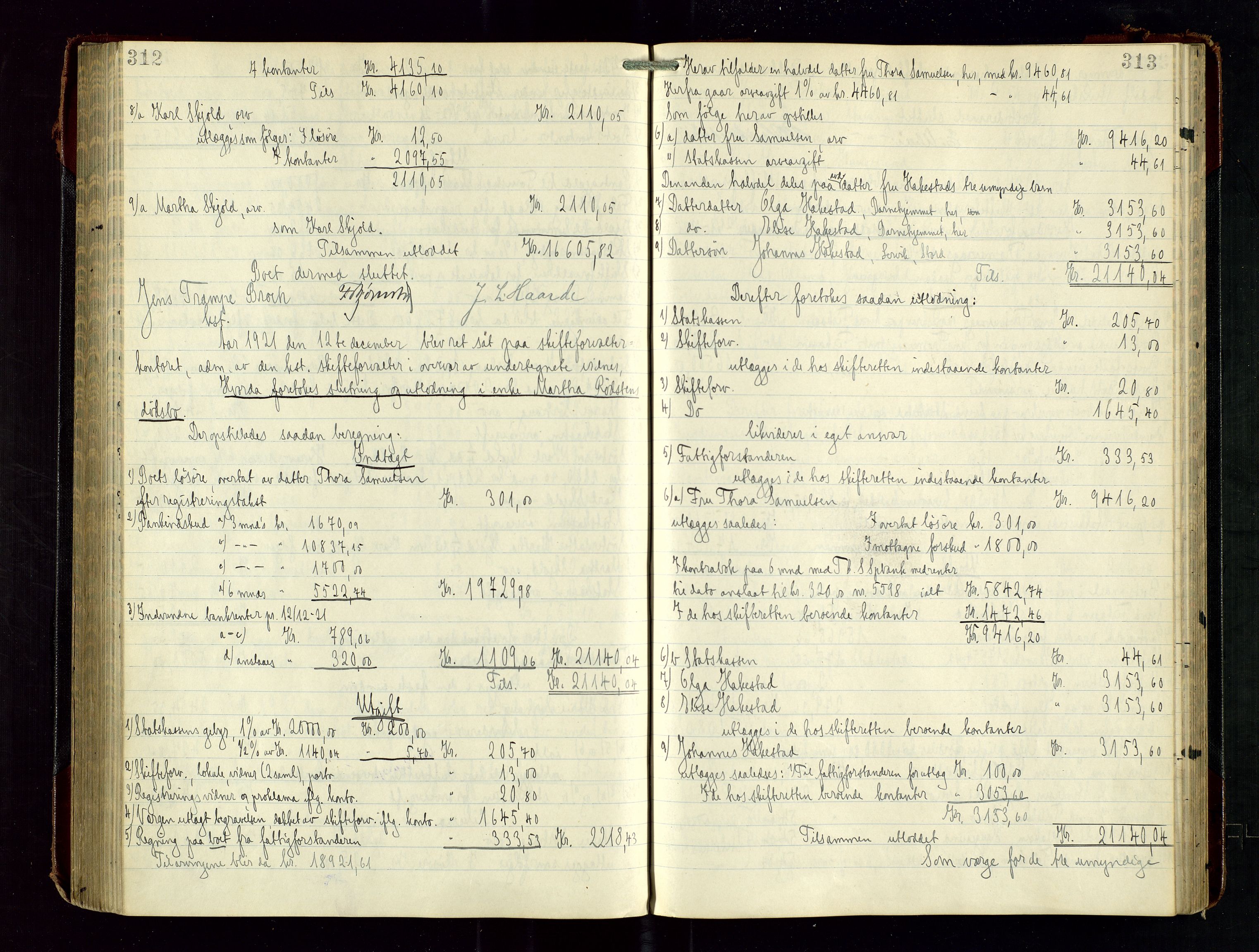 Haugesund tingrett, SAST/A-101415/01/IV/IVD/L0003: Skifteutlodningsprotokoll, med register, 1915-1924, s. 312-313