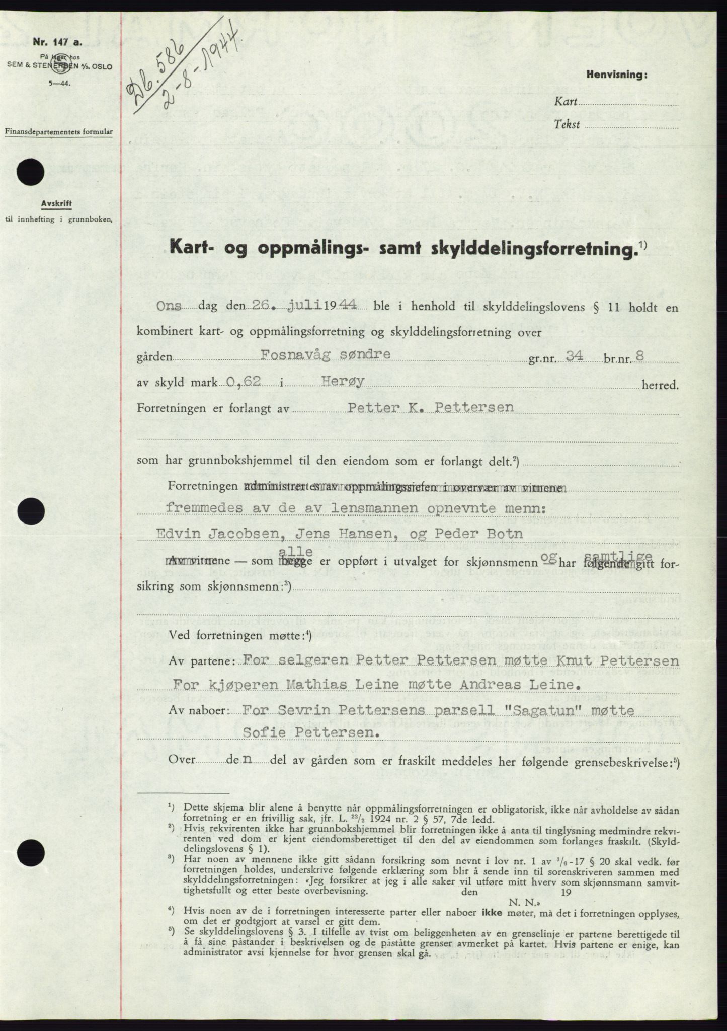 Søre Sunnmøre sorenskriveri, AV/SAT-A-4122/1/2/2C/L0076: Pantebok nr. 2A, 1943-1944, Dagboknr: 586/1944