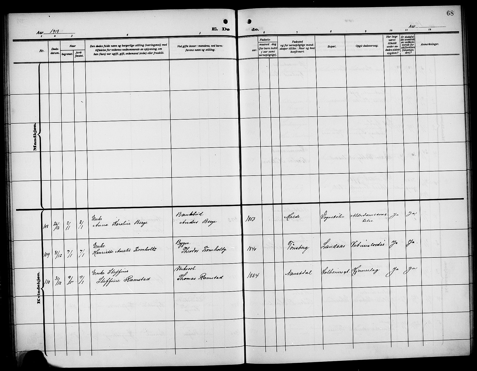 Årstad Sokneprestembete, AV/SAB-A-79301/H/Hab/L0024: Klokkerbok nr. D 1, 1915-1922, s. 68