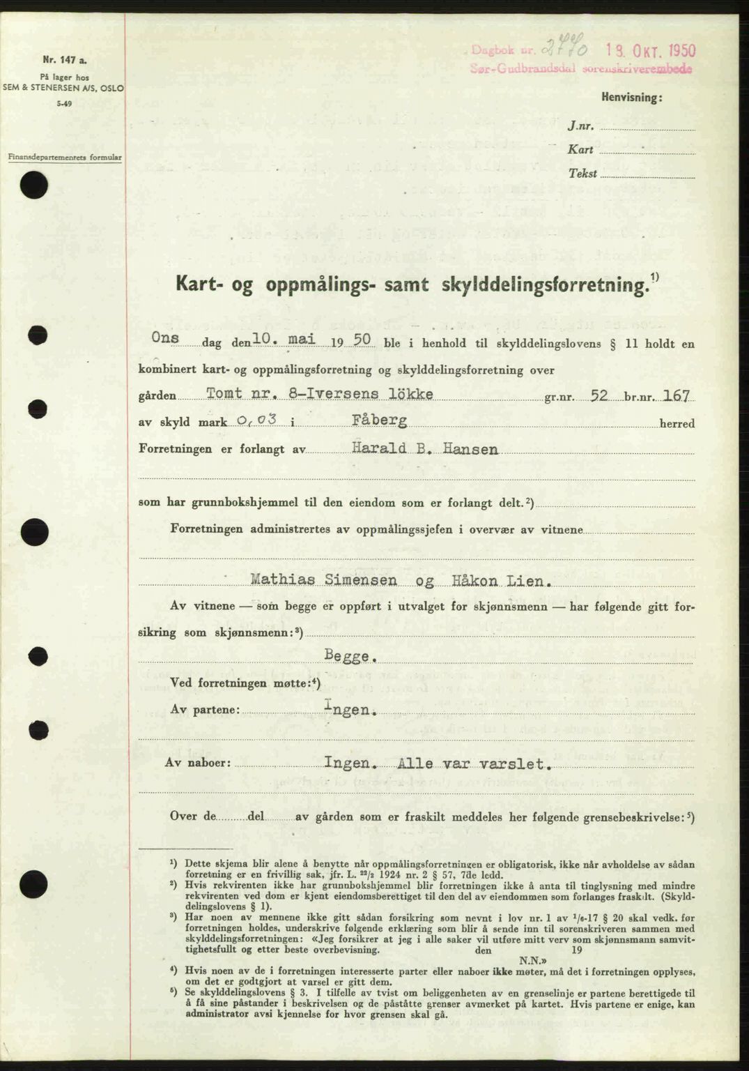 Sør-Gudbrandsdal tingrett, SAH/TING-004/H/Hb/Hbd/L0029: Pantebok nr. A29, 1950-1950, Dagboknr: 2770/1950
