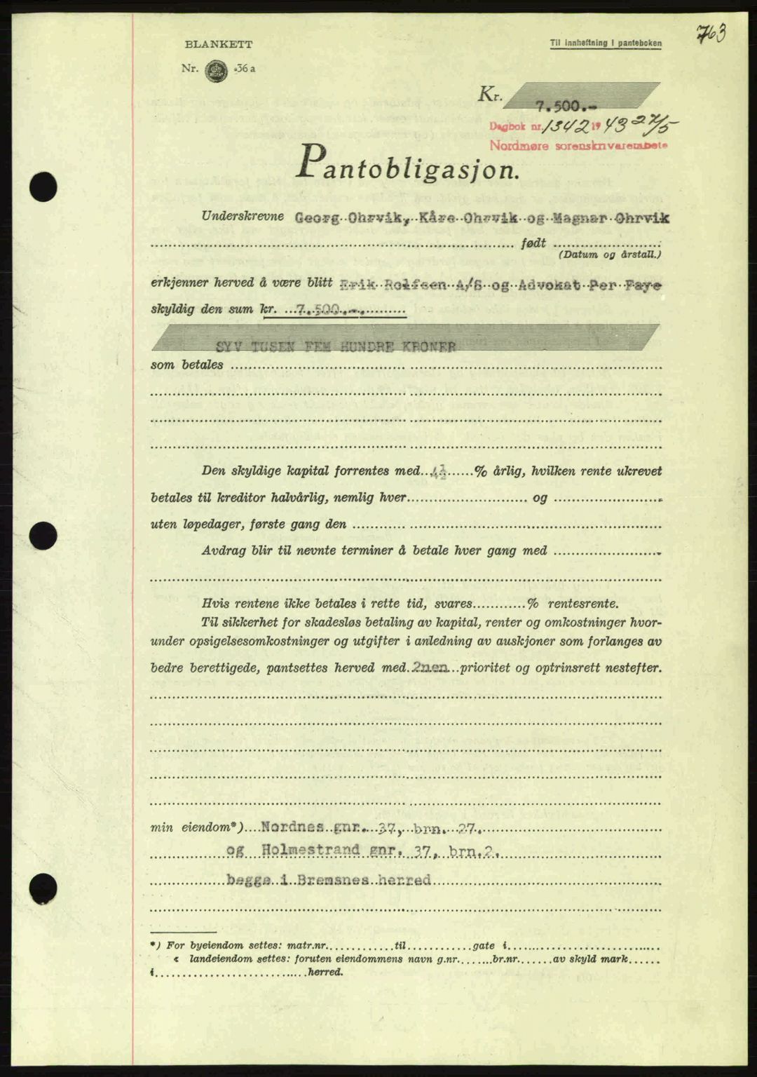 Nordmøre sorenskriveri, SAT/A-4132/1/2/2Ca: Pantebok nr. B90, 1942-1943, Dagboknr: 1342/1943