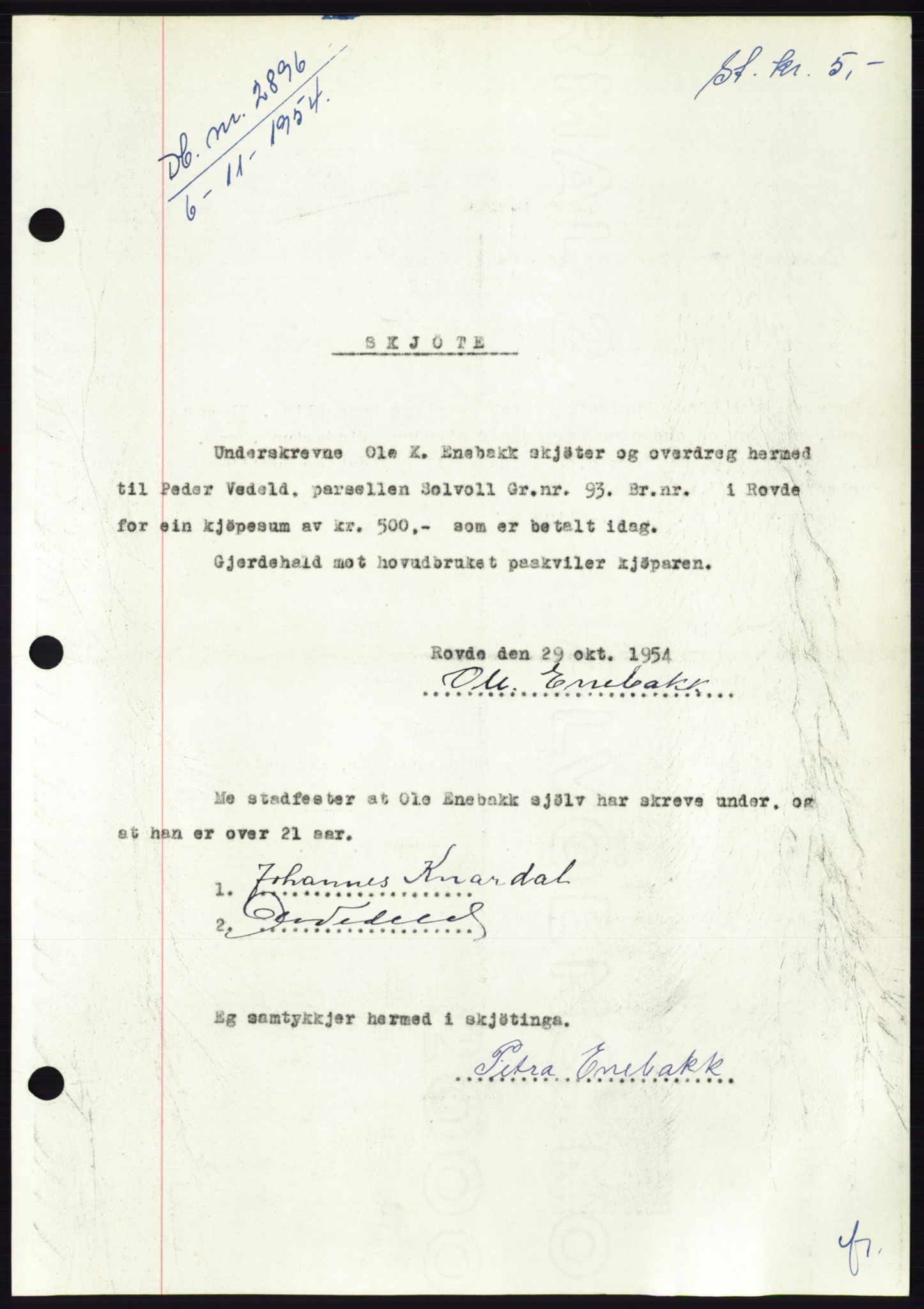 Søre Sunnmøre sorenskriveri, AV/SAT-A-4122/1/2/2C/L0099: Pantebok nr. 25A, 1954-1954, Dagboknr: 2896/1954