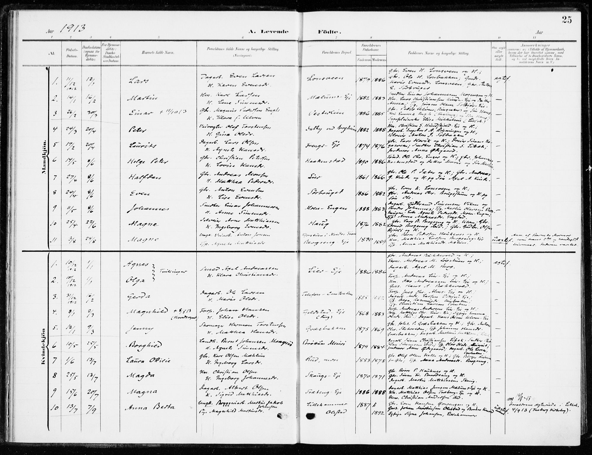 Ringsaker prestekontor, AV/SAH-PREST-014/K/Ka/L0021: Ministerialbok nr. 21, 1905-1920, s. 25