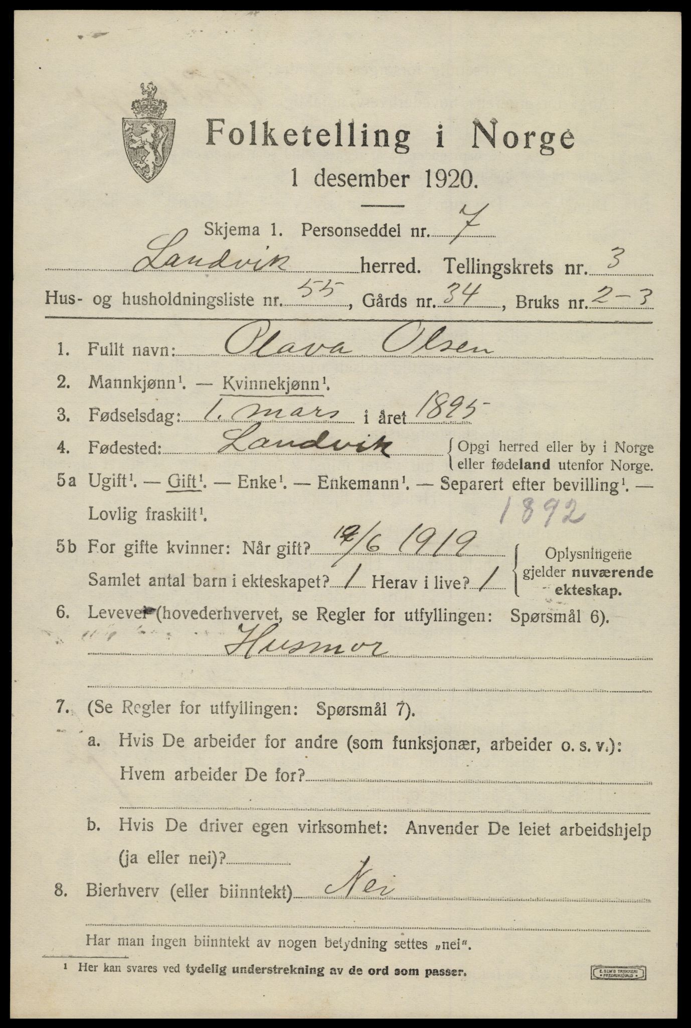 SAK, Folketelling 1920 for 0924 Landvik herred, 1920, s. 3428