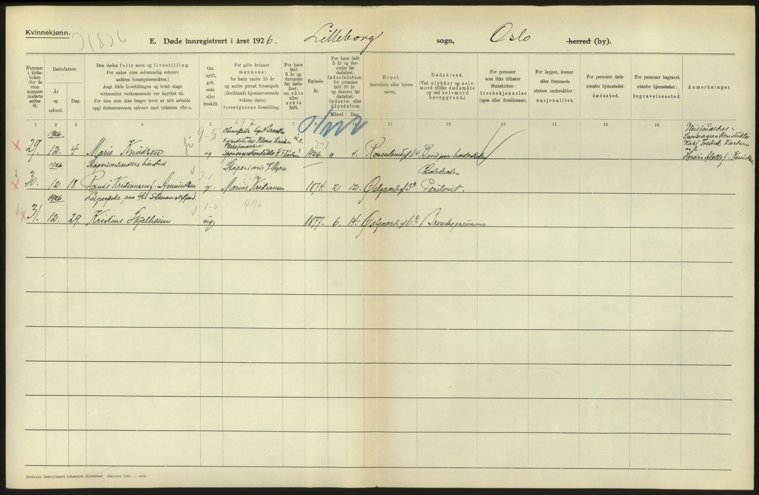 Statistisk sentralbyrå, Sosiodemografiske emner, Befolkning, RA/S-2228/D/Df/Dfc/Dfcf/L0010: Oslo: Døde kvinner, dødfødte, 1926, s. 600