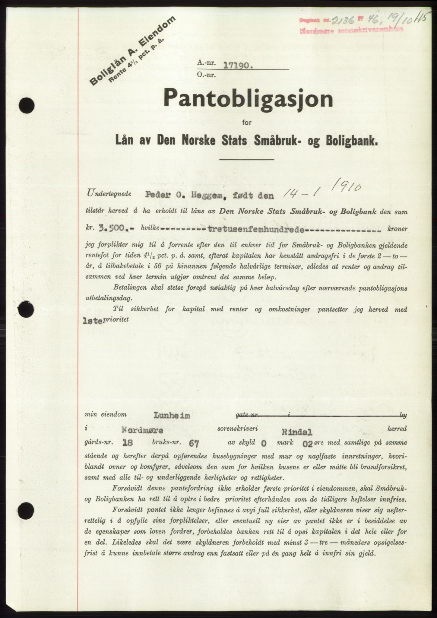 Nordmøre sorenskriveri, SAT/A-4132/1/2/2Ca: Pantebok nr. B95, 1946-1947, Dagboknr: 2136/1946